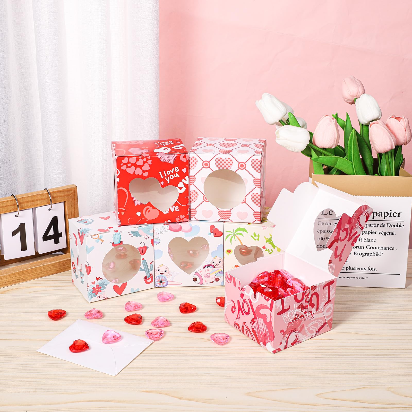 24 Valentinstag-Keksboxen Mit Herz-Fenster – 11,5x11,5x6,4 Cm, Inkl. Kordel & Anhänger, Für Cupcakes & Geschenke