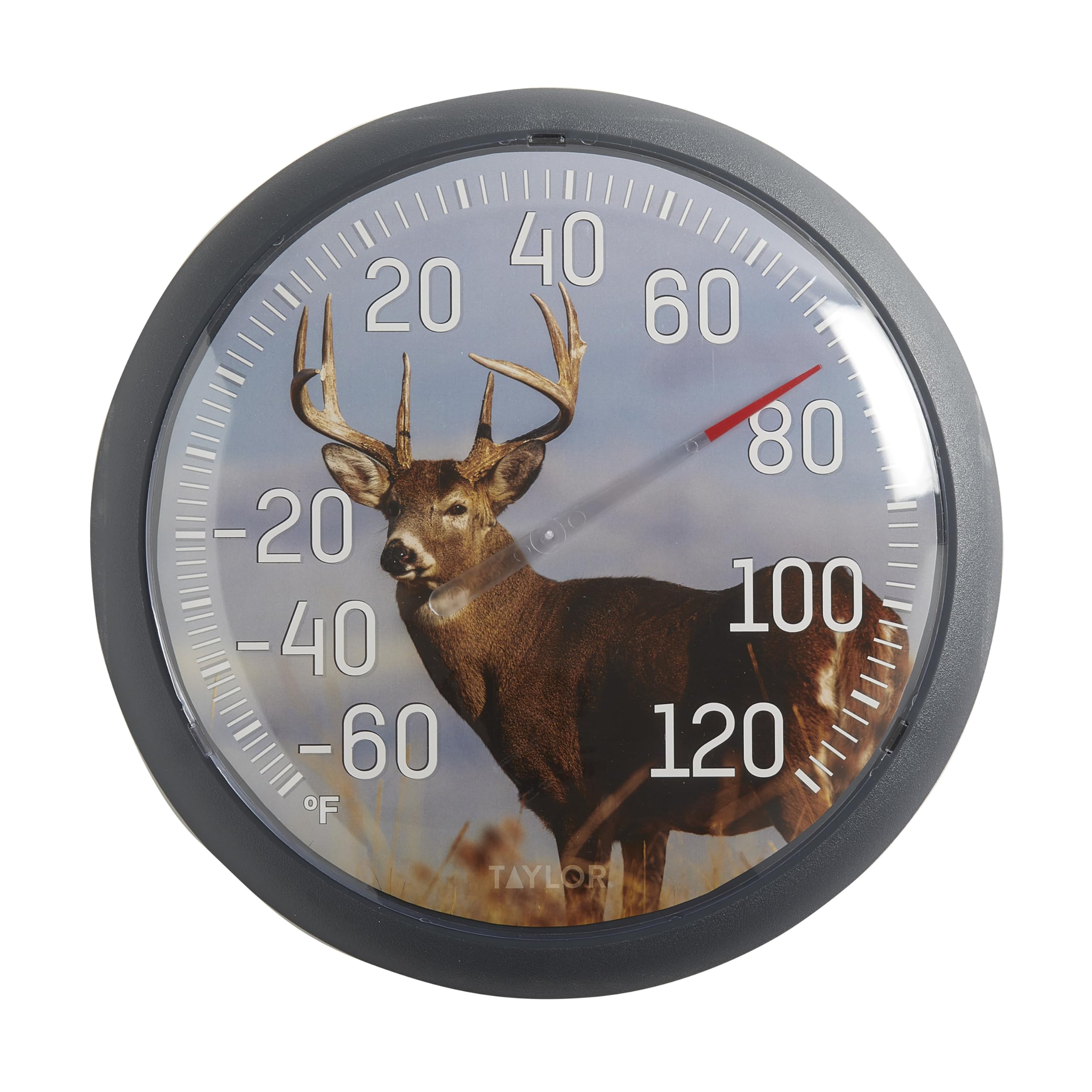 Taylor White Tail Deer - Termometro a quadrante grande per interni ed esterni, termometro wireless con numeri grandi facili da leggere per patio, piscina, giardino o garage e aree interne, 33,7 cm,