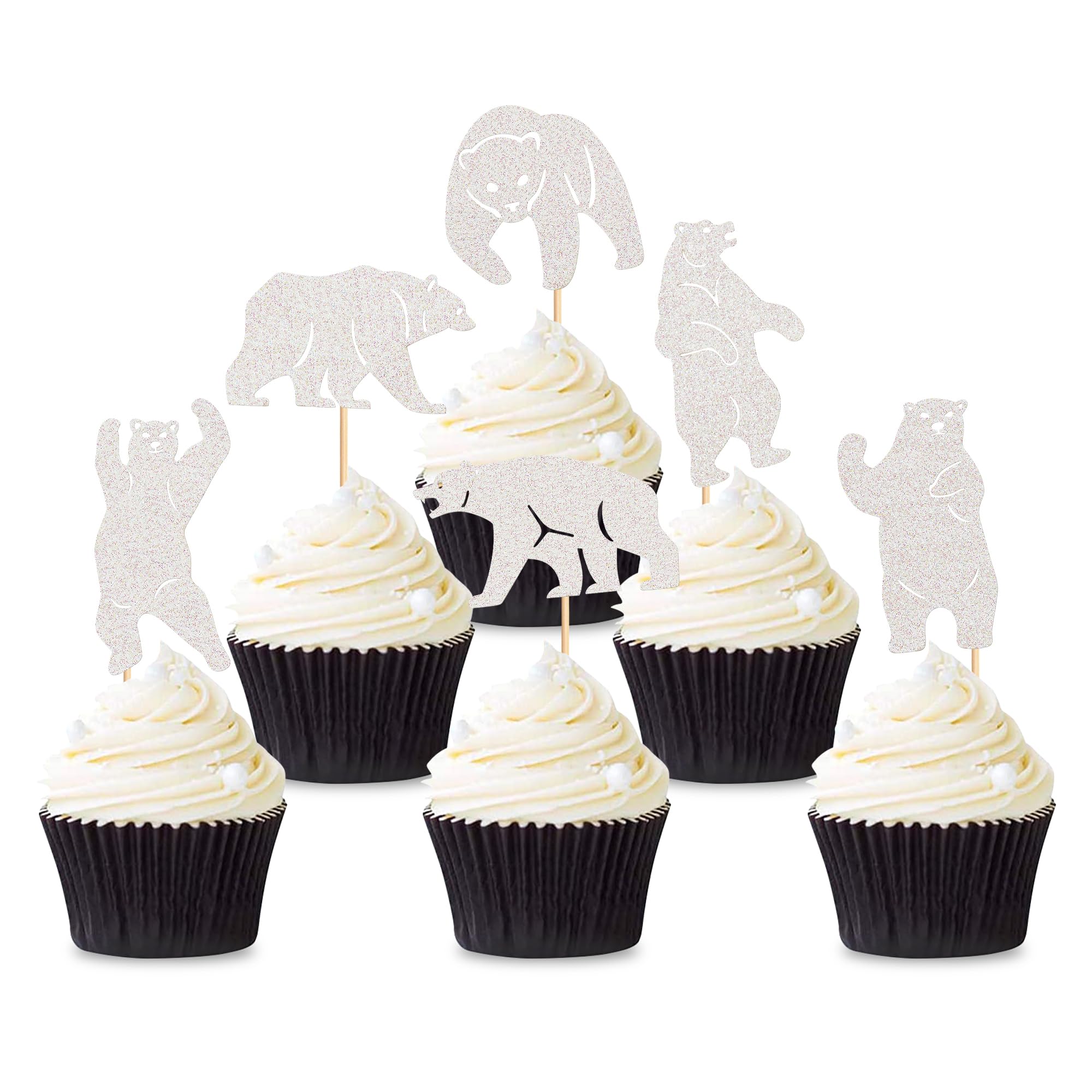 Cyodoos 24Pcs Polar Bear Cupcake Toppers for Birthday Wedding Party Baby Shower Sea Bear Cupcake Picks Winter Party Themed Party Decoration Supplies white