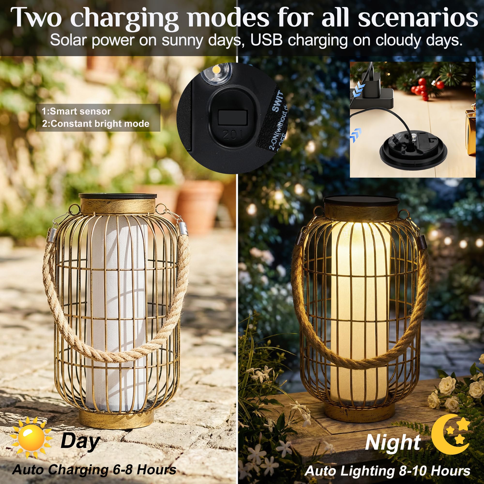 Faroles solares grandes impermeables para exteriores, linterna solar de metal de doble carga (USB/solar), dos modos de brillo, luces solares decorativas para patio, jardín, porche delantero, interior