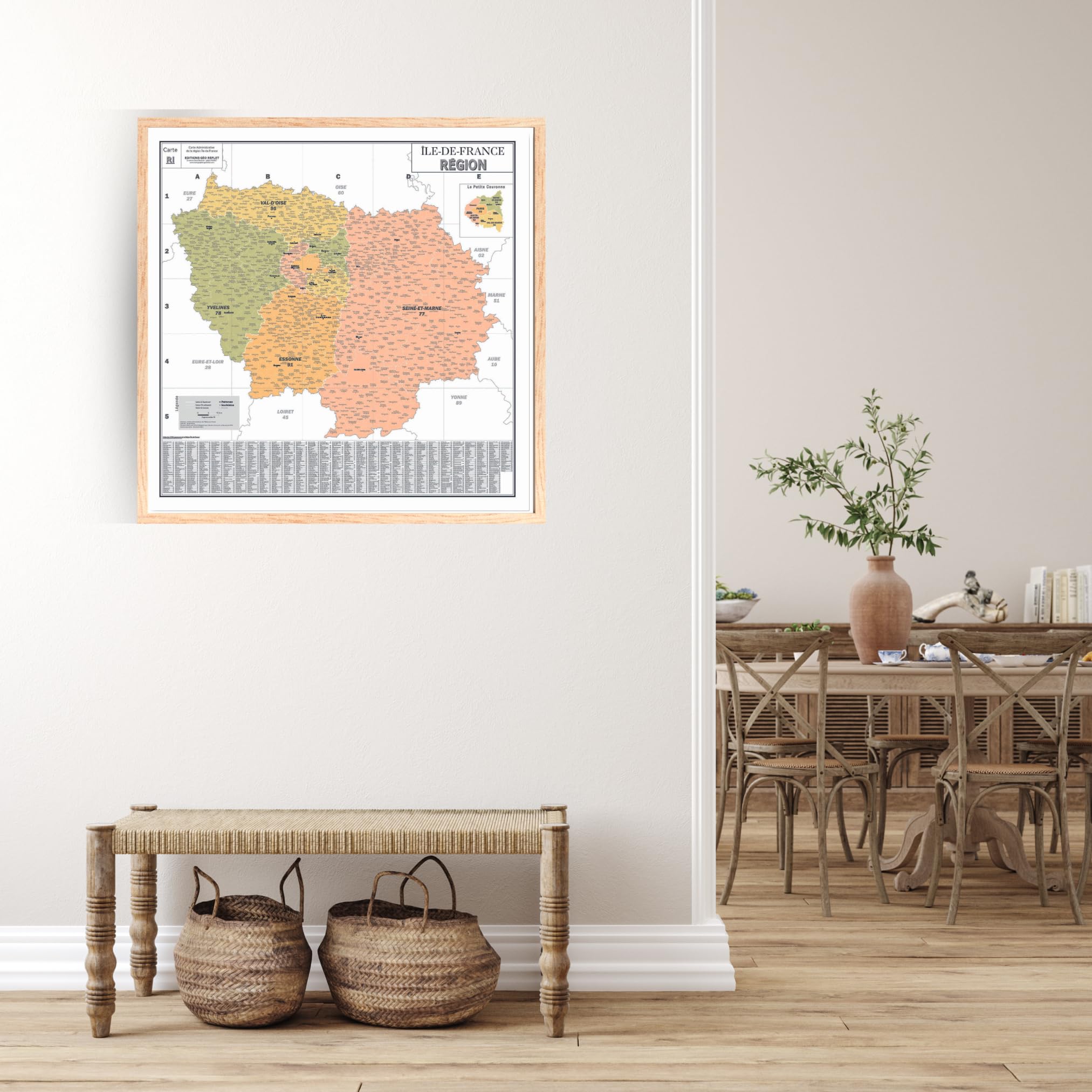 Carte de France Murale - Carte Administrative - Région Île-de-France - Modèle Vintage - Poster Plastifié 100x100CM