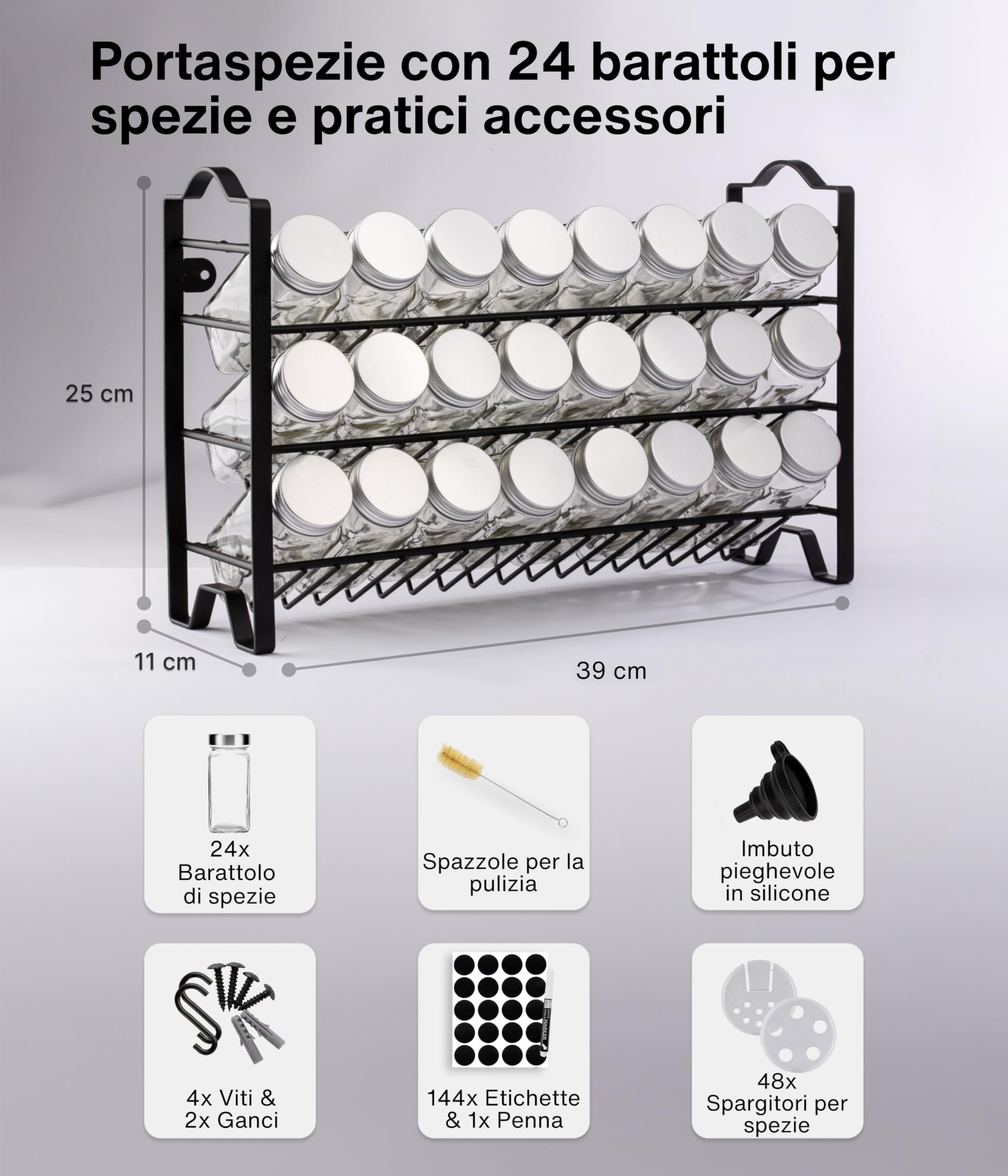 Deco haus® Porta Spezie per Cucina - Portaspezie con 24 Barattoli Spezie, Portaspezie Salvaspazio, Set Cucina 24 Vasetti di Spezie, 48 Etichette Spazzola Imbuto Ganci - Design Indipendente o da Parete