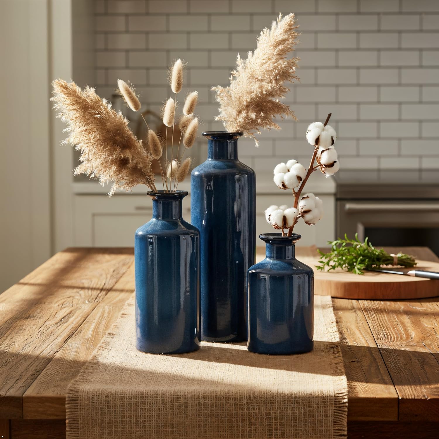 Blue Ceramic Vase Set of 3 Small Vases, Modern Farmhouse for Home Decor Bottles, Rustic Terracotta Vase Decorative Vases for Table,Fireplaces Decor, Bookshelf, Living Room - Image 3