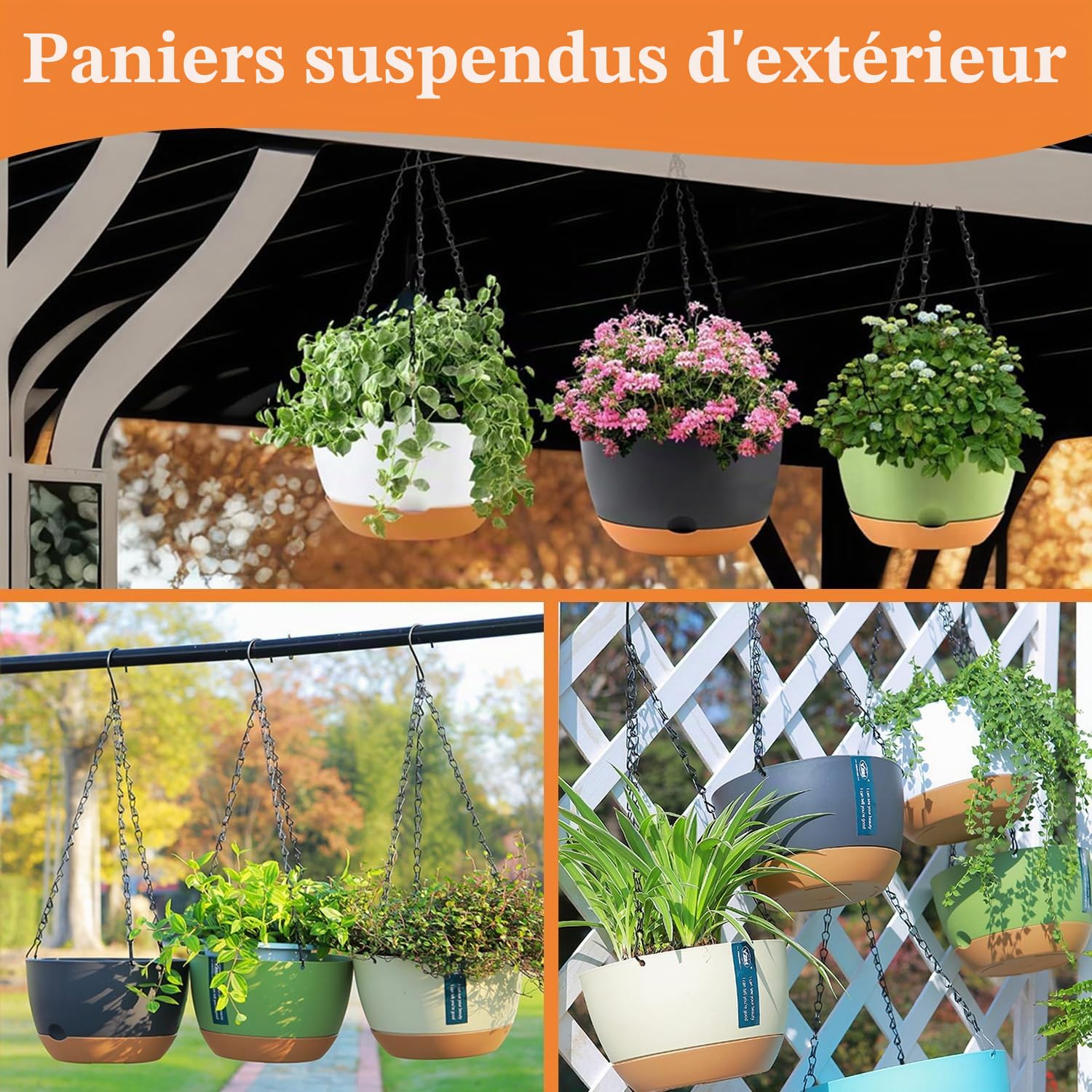 Lot de 3 pots de fleurs suspendus avec trous de drainage et soucoupes, support de plantes à suspendre pour intérieur et extérieur, panier suspendu pour plantes et fleurs (gris foncé)