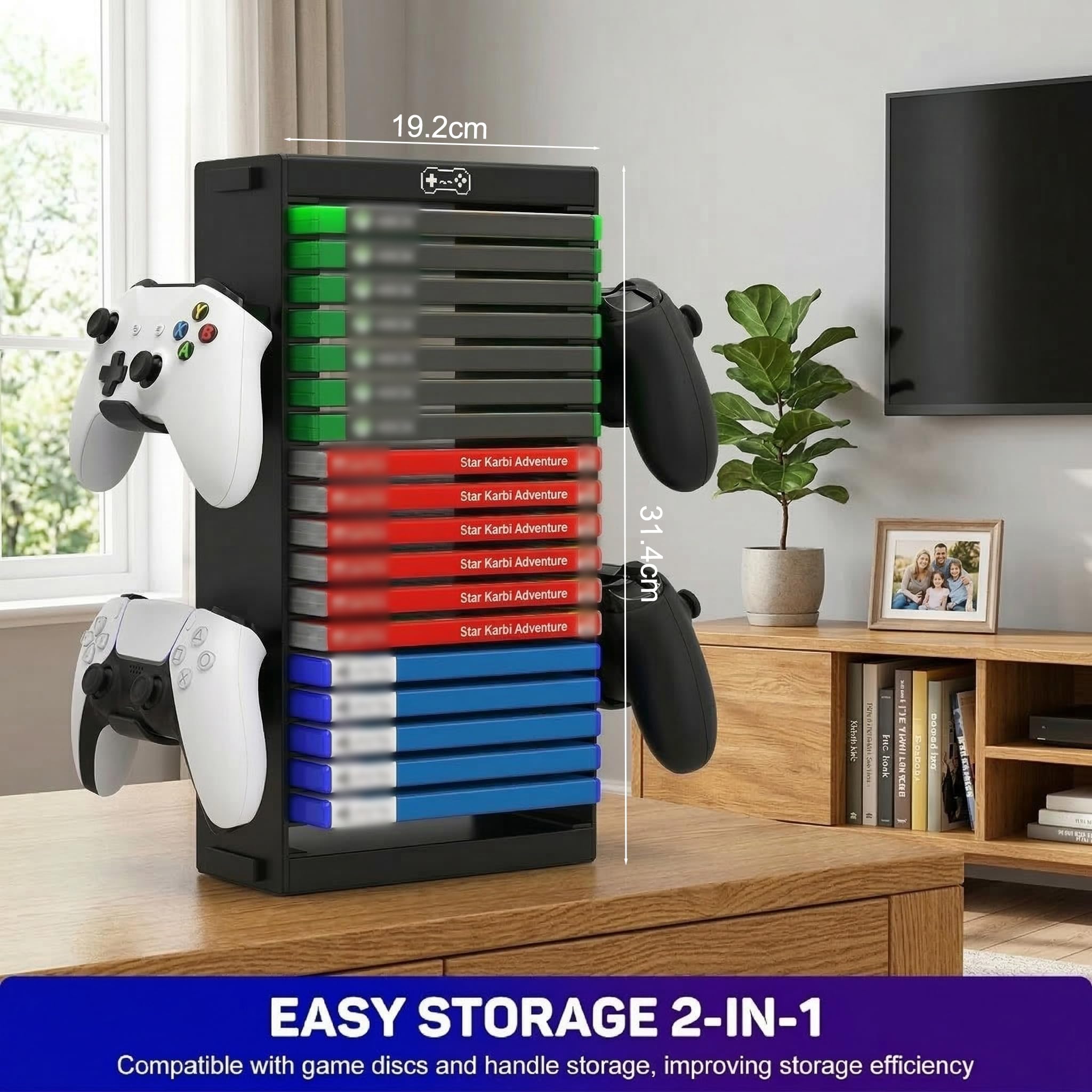 SOONHUA Torre de almacenamiento de videojuegos con 4 soportes para mando de PS4, PS5, Switch, Xbox y discos de juegos