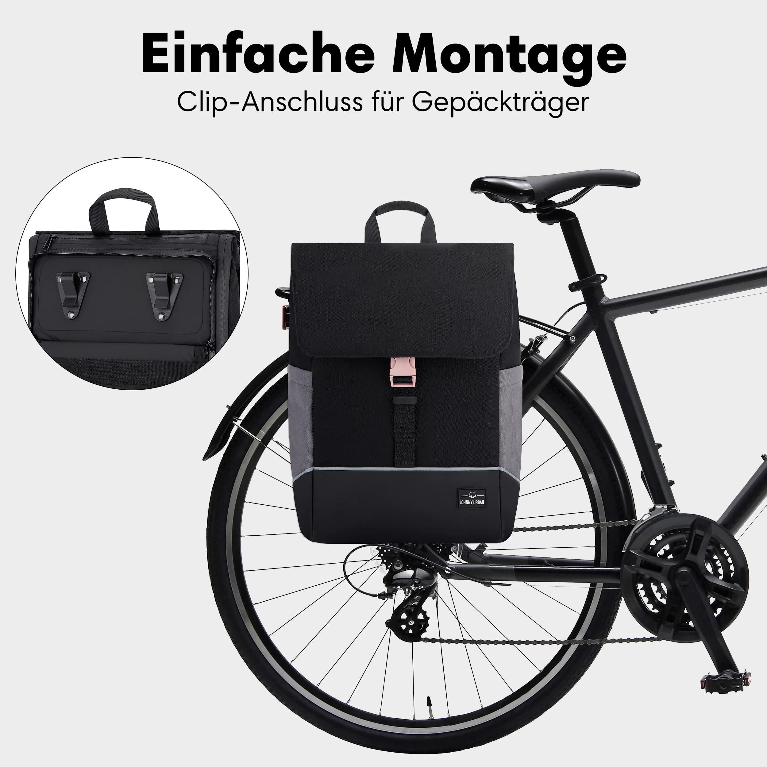 Johnny Urban Fahrradtaschen für Gepäckträger Damen & Herren Schwarz Rosa - Mika Bike - 2 in 1 Fahrrad Tasche Rucksack & Gepäckträgertasche Hinten - Wasserabweisend