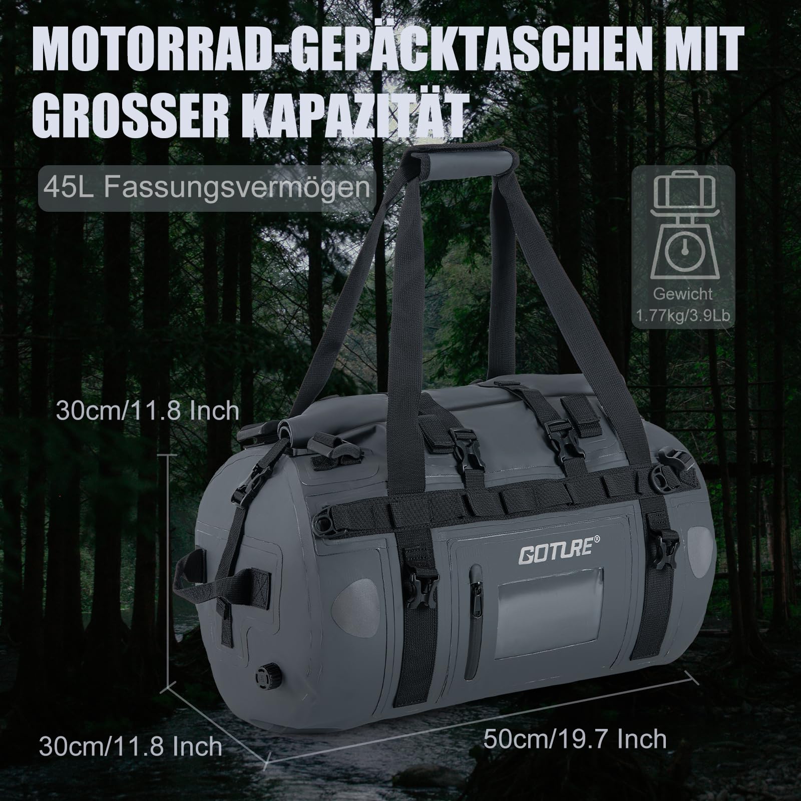 Goture Motorrad-Trockentasche – 45 l wasserdichte Reise- und Gepäck-Hecktasche, Satteltasche mit transparenter Tasche, Rolltop-Verschluss, Schultergurten, Reflektorstreifen und Netztasche