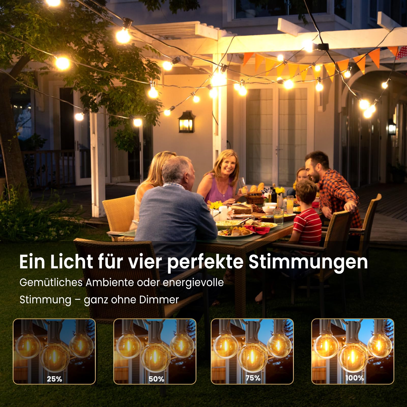 Lichterkette Außen Strom 15M mit 25+2 G40 LED Glühbirnen Outdoor Lichterkette Aussen 2700K Warmweiß IP45 Wasserdicht Lichterkette für Garten, Terrasse, Partys