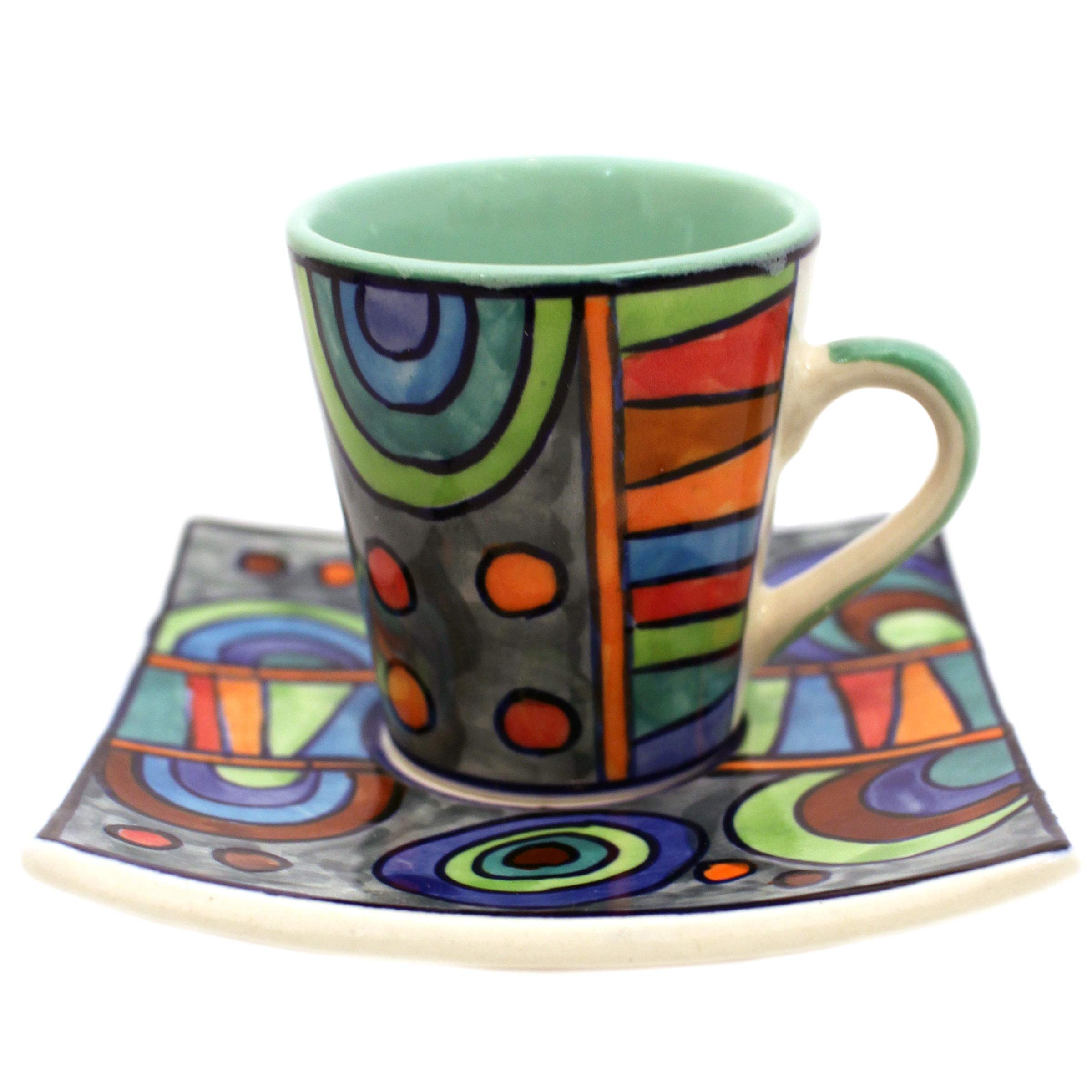 Gall&Zick Handbemalte Espressotassen mit Unterteller aus Keramik, Set von 3, ca. 80ml, bunte moderne Keramik – mikrowellen- & spülmaschinengeeignet – farbenfrohes Unikat für Kaffeegenuss