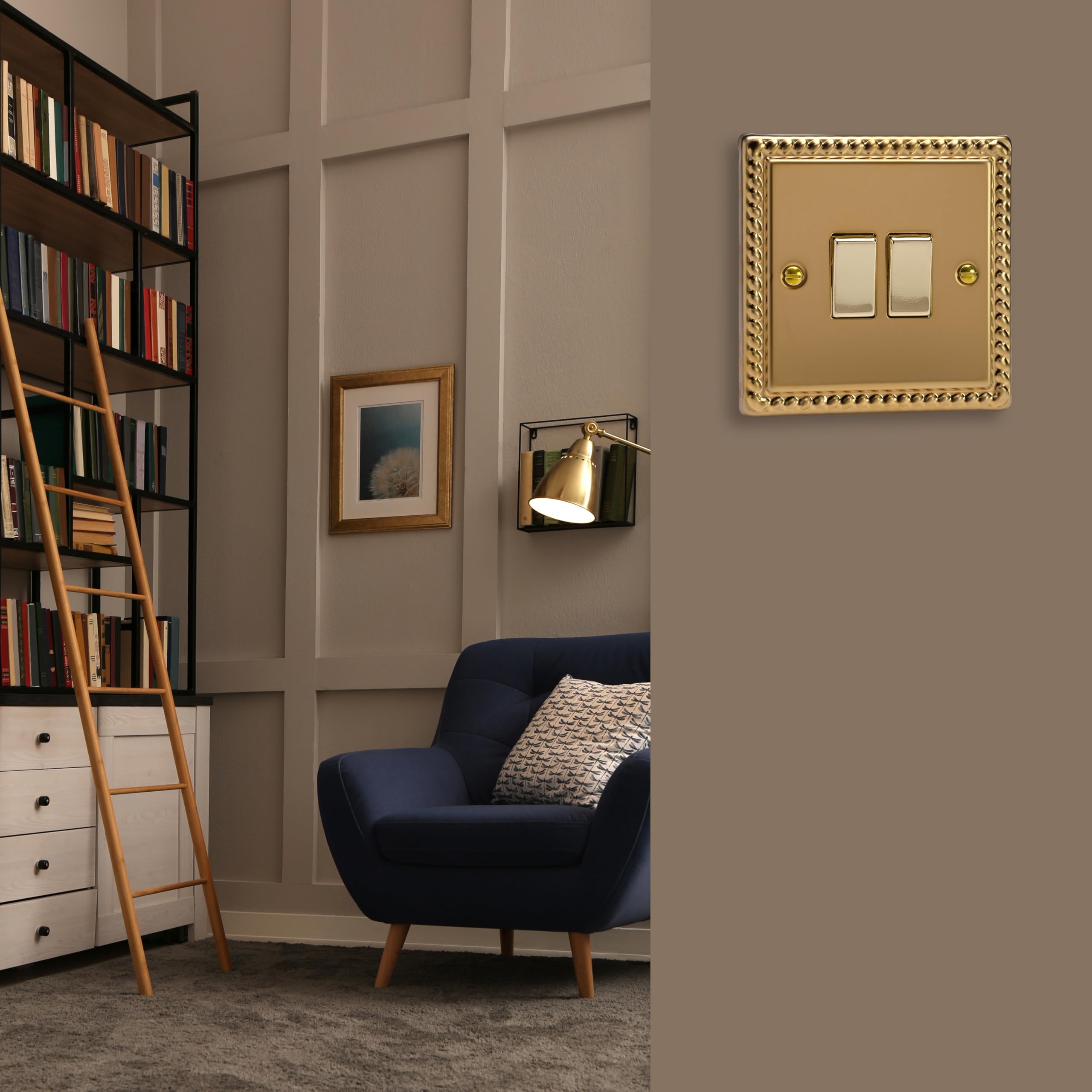 Varilight Double Rocker Light Switch Intermediate - Classic Georgian Brass With Polished Brass Rockers, XG77D - Image 2