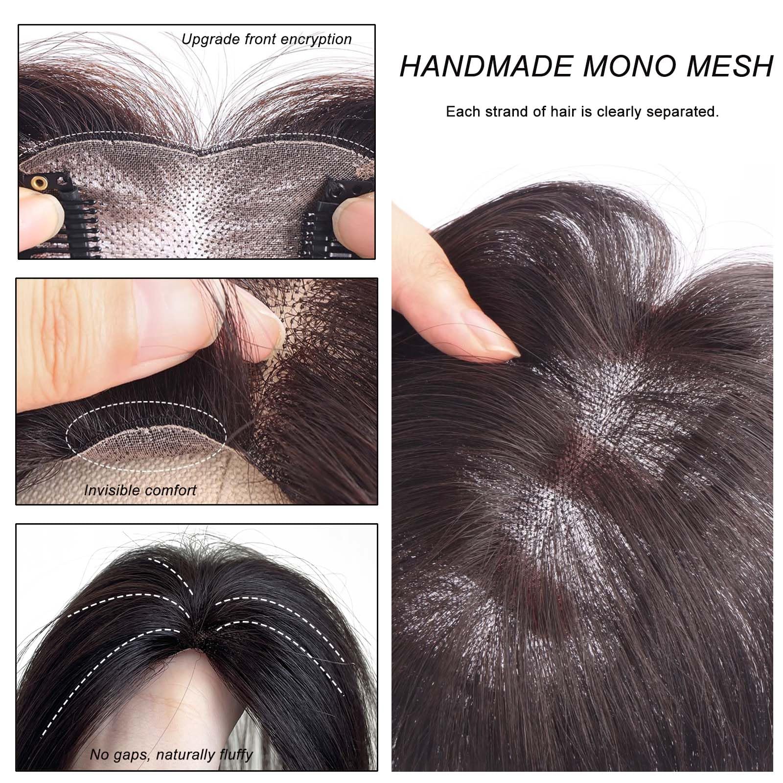 Toppers de cabello humano lacio para mujer con cabello fino, 3.1 x 4.7 pulgadas, hecho a mano, base de encaje mono, piezas de cabello de 10 pulgadas con clip en la parte superior para uso