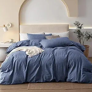 JIYUAN 100% Washed Cotton Duvet Cover Set 2 Pieces Twin, 1 Duvet Cover 68x90 Inches(Comforter Not Included) and 1 Pillowcase,Linen Like Comfy and Breathable,Heathered Blue