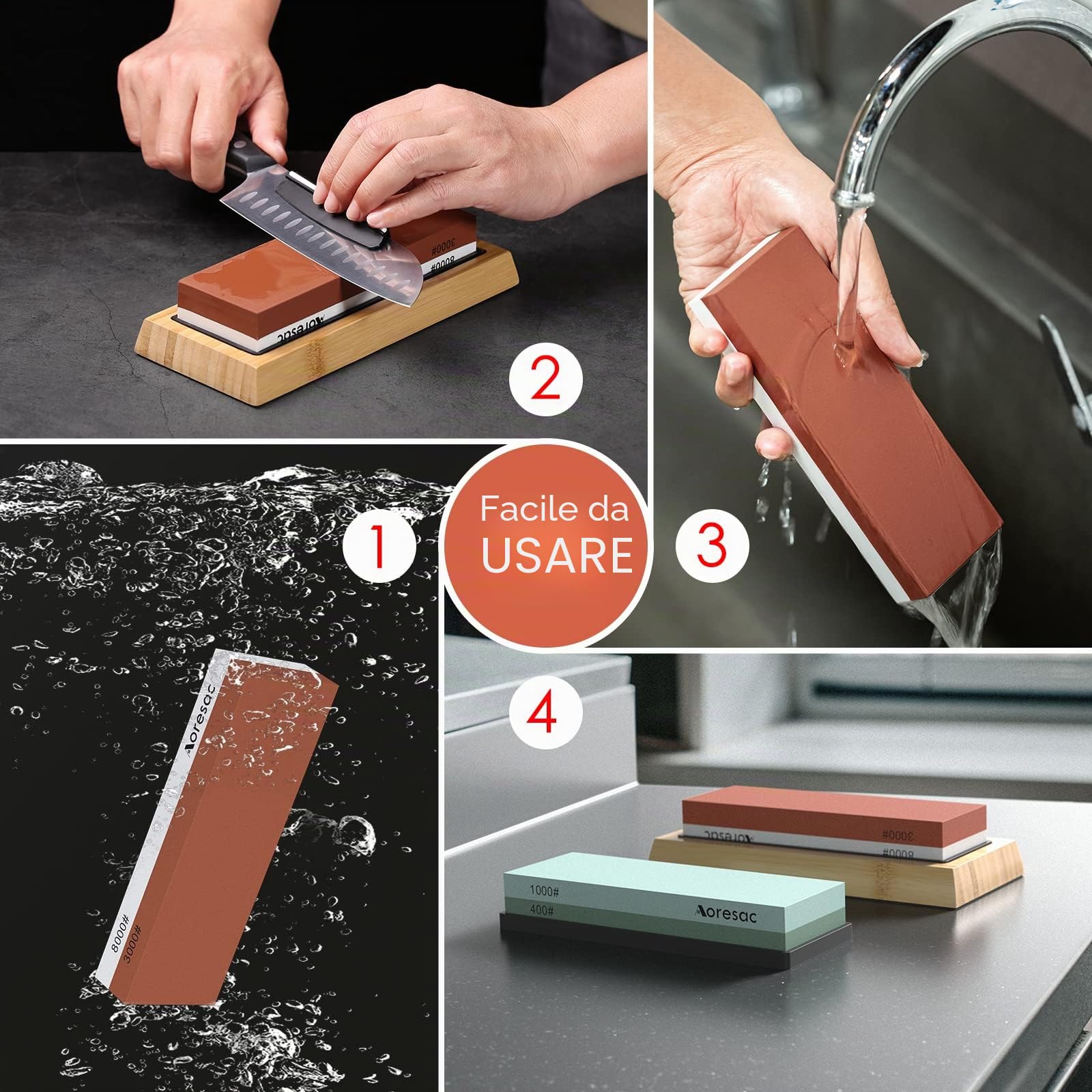 Aoresac Pietra per Affilare 4-in-1 Affilacoltelli Professionale 400/1000/3000/8000 con Guida Angolare, Pietra di Correzione, Base Bambù per Cucina