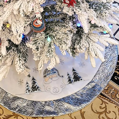 WEWILL Falda grande de 48 pulgadas para árbol de Navidad de Papá Noel, color blanco, plateado, bordada con borde satinado, copo de nieve, WEWILL Falda grande de 48 pulgadas para árbol de Navidad de Papá Noel, color blanco, plateado, bordada con borde satinado, copo de nieve,