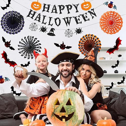Miniatura 2 de Yunison Kit de decoración de abanico de papel de Halloween de 12 piezas, abanicos de papel para colgar en el techo, pancarta de fiesta de calabaza