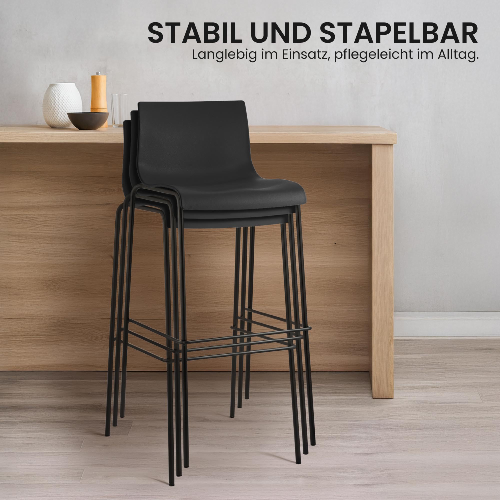 CLP 2er Set Barhocker Hover, ergonomisch mit Rückenlehne und Fußablage, Kunststoffsitz, Robustes Metallgestell, stapelbare Tresenhocker Farbe schwarz Gestell Farbe schwarz