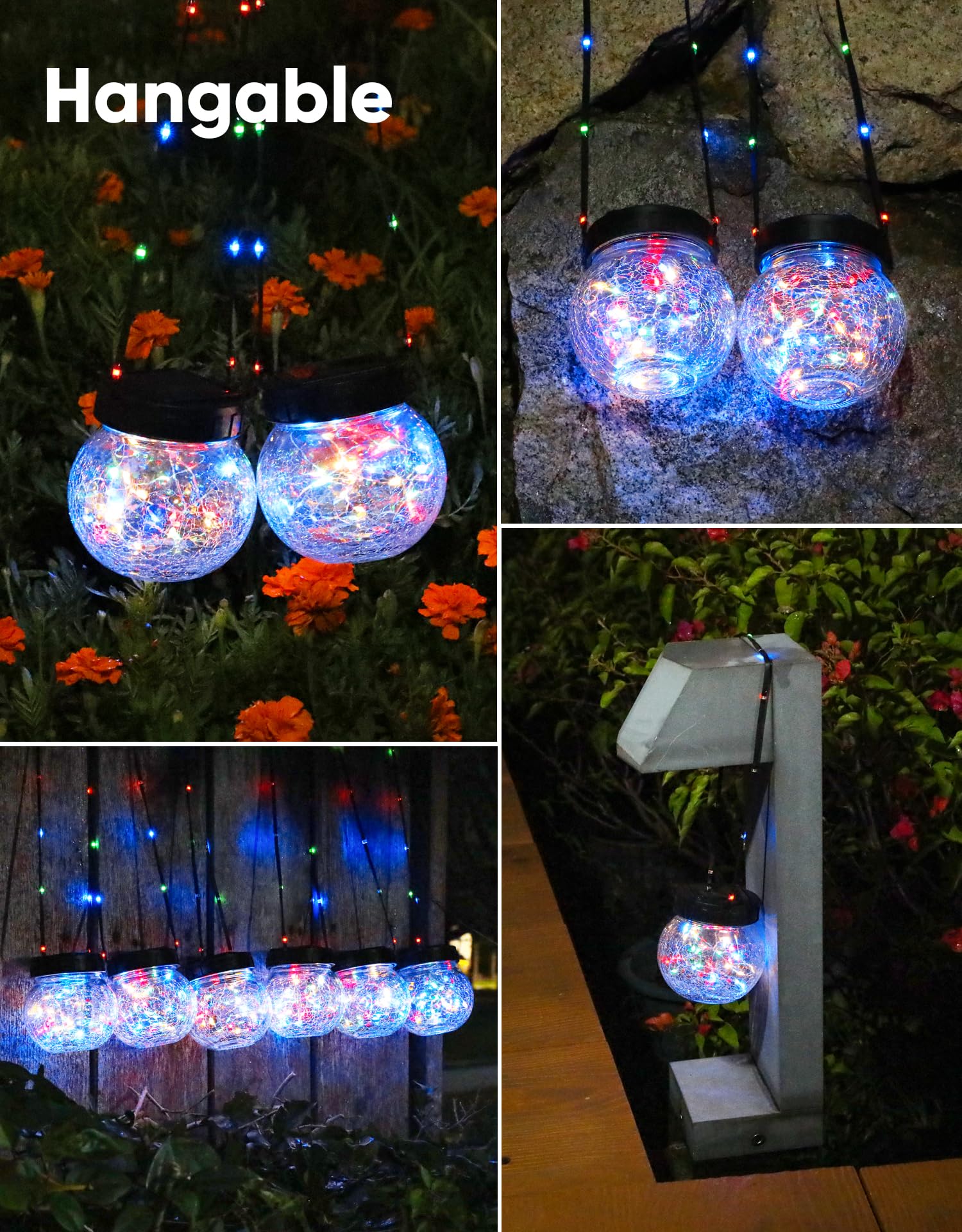 PARTPHONER Luces solares impermeables para exteriores, paquete de 12, farol colgante de vidrio agrietado para decoración de patio, decoración de Navidad, gancho de pastor, adornos de árbol de jardín