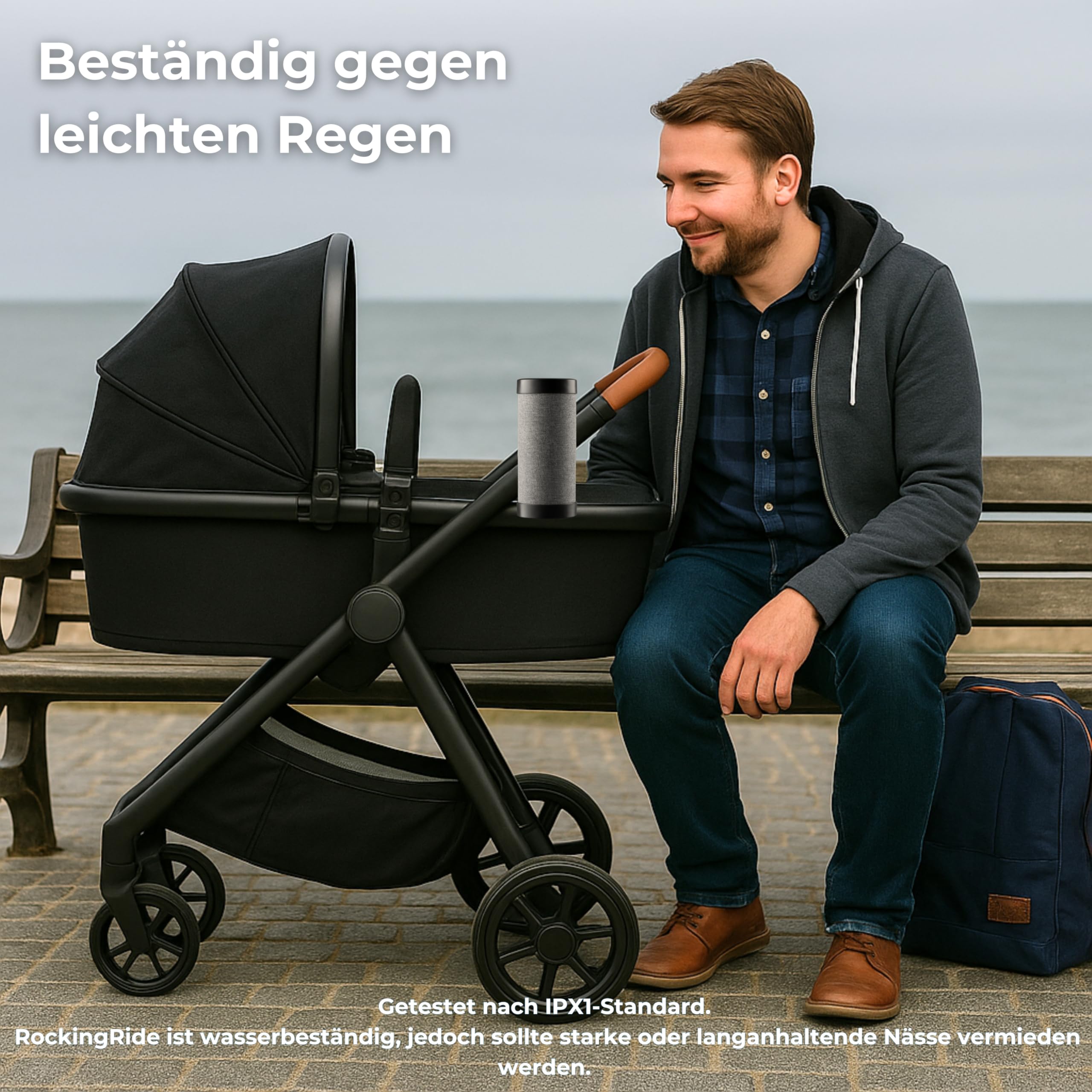 Automatischer wiederaufladbarer Schaukelaufsatz für Kinderwagen, mit Sicherheits-LED, 3 Schaukelstufen, bis zu 30 Stunden leiser Betrieb, USB-C – RockingRide PRO (Schwarz)