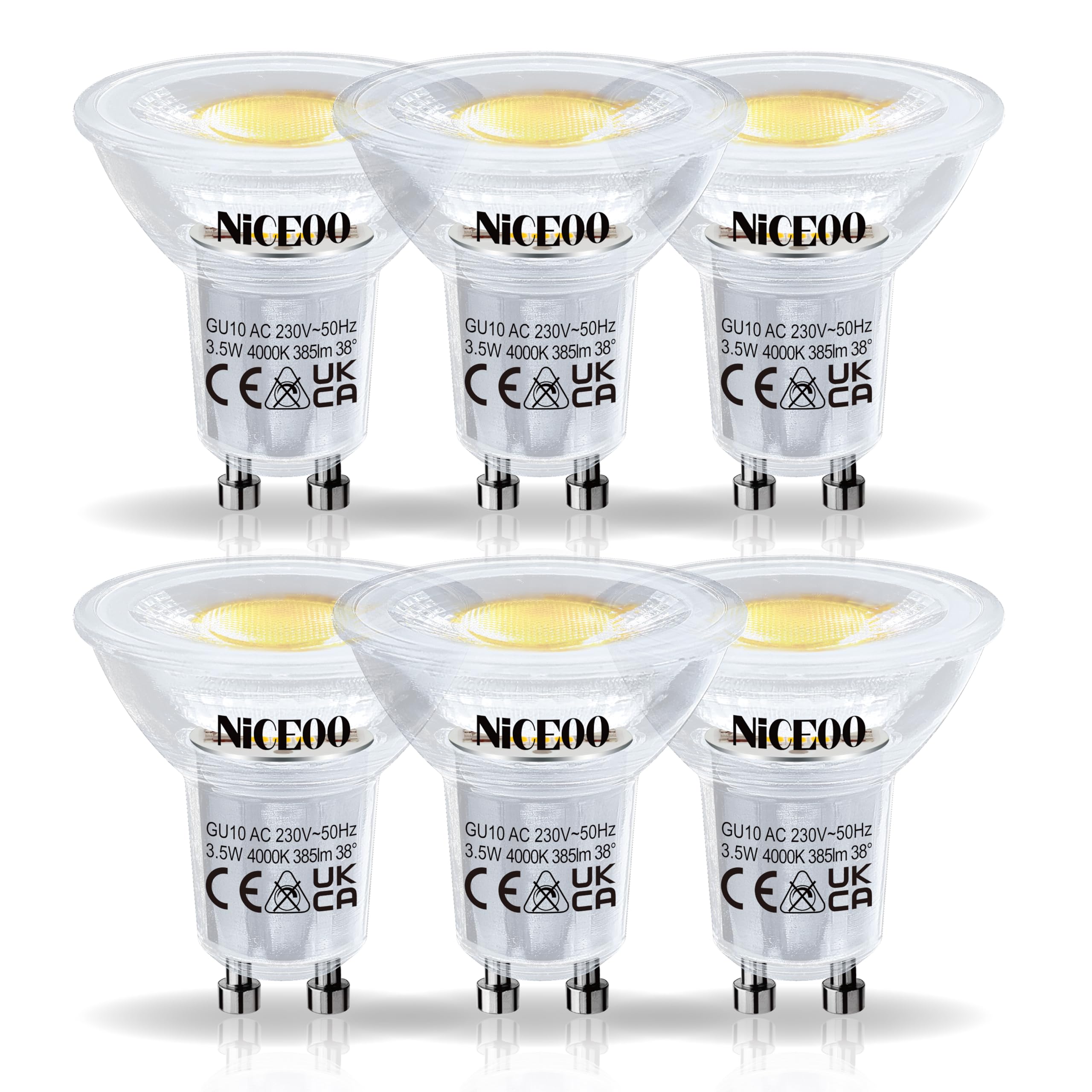 NICEOO GU10 LED Lampe 3.5W Neutralweiss 4000K Ersetzt 50W, 385lm Leuchtmittel, PAR16 Flimmerfrei Reflektorlampen 38°, Abstrahlwinkel 360° Birnen, Nicht Dimmbar Glühbirnen, AC 230V, 6er Pack