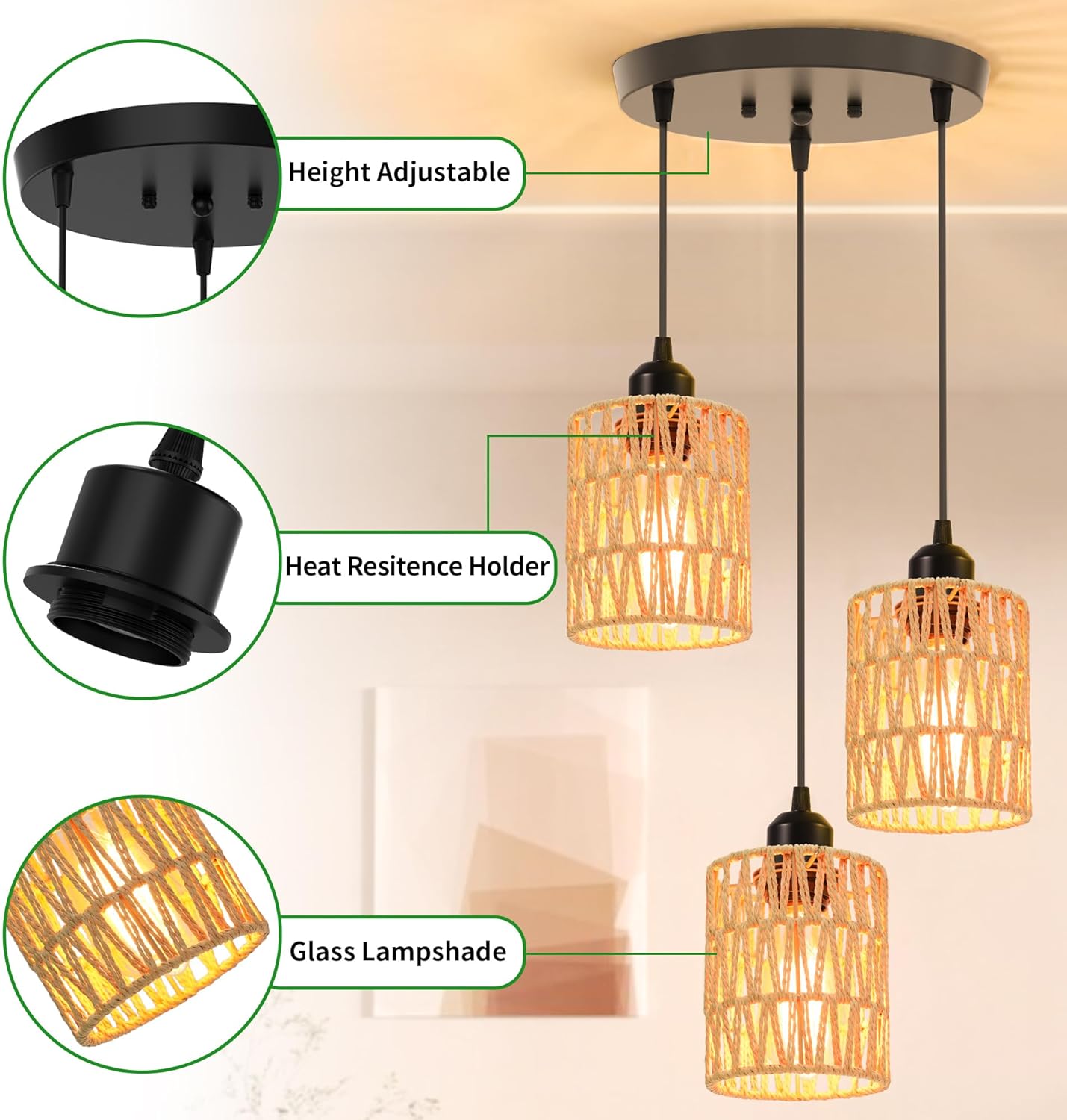 3 Light Pendant Lighting, Farmhouse Hanging Light Fixture for Kitchen Island & Dining Room, Industrial Vintage Ceiling Lamp with E26 Base, Adjustable Height, Rattan Pendant Light