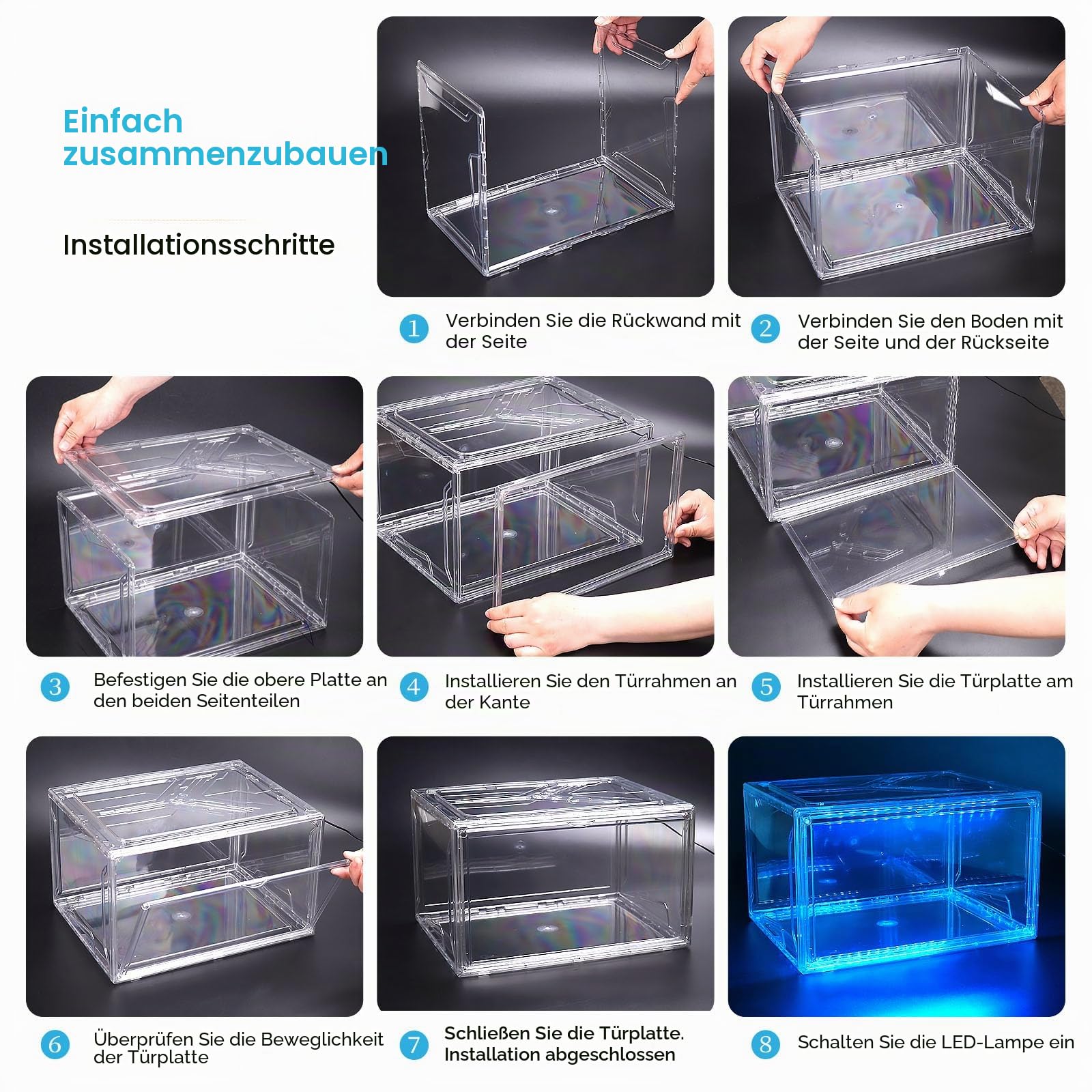 Oltraman LED Schuhboxen Stapelbar, 2er Set, Schuh-Organizer aus Kunststoff, Schuhaufbewahrung Platzsparend, Musik Sound-aktiviert und Fernbedienung, Transparent