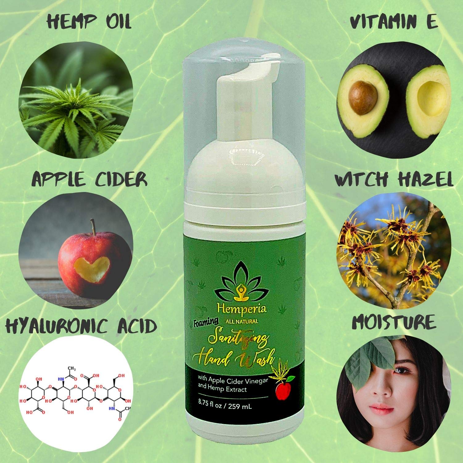 Hemperia Foaming Hand Soap Wash - Sanitizing Hand Wash with Apple Cider Vinegar and Hemp Extract -