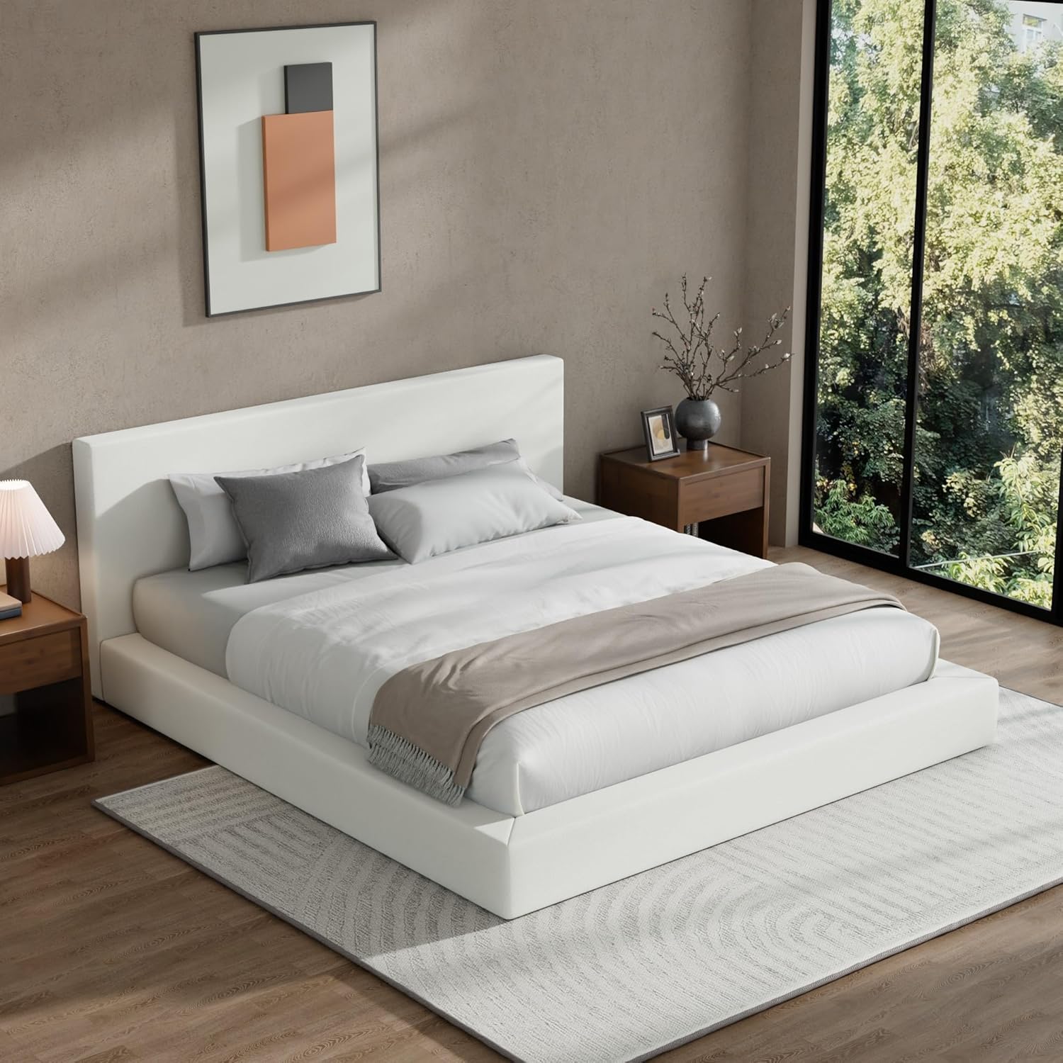RECCI AirFrame King Size Bed Frame with Headboard, Cloud Upholstered Platform Bed Frame, 5 Inch Foam Cushioned, No Box Spring, Easy Assembly(Snow White)