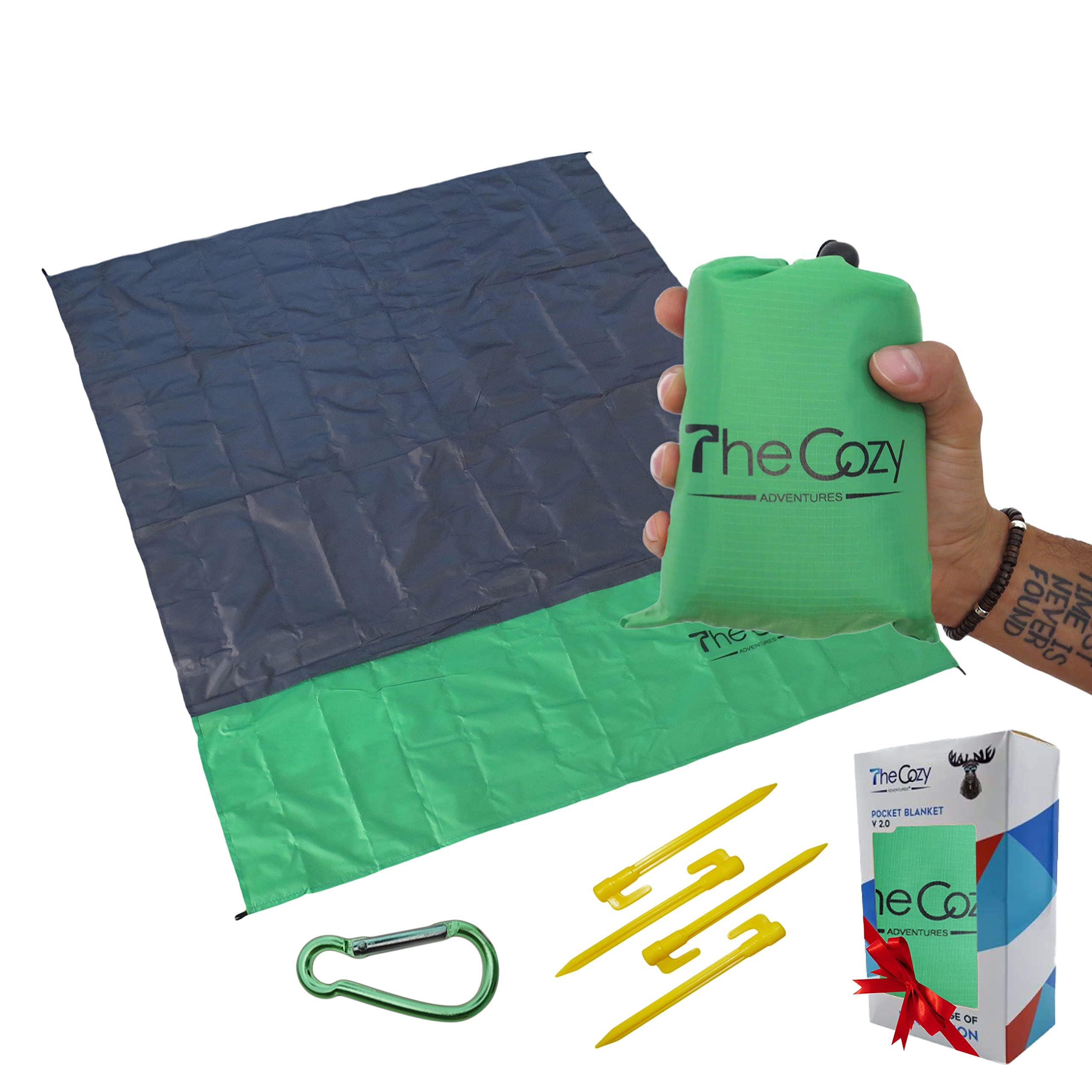 TheCozy Adventures Beach Blanket Waterproof Sandproof, 70x55 in. Pocket Blanket with Stakes – Compact Travel Beach Mat for Camping, Concerts & More – Durable,Soft & Fast-Drying, Green