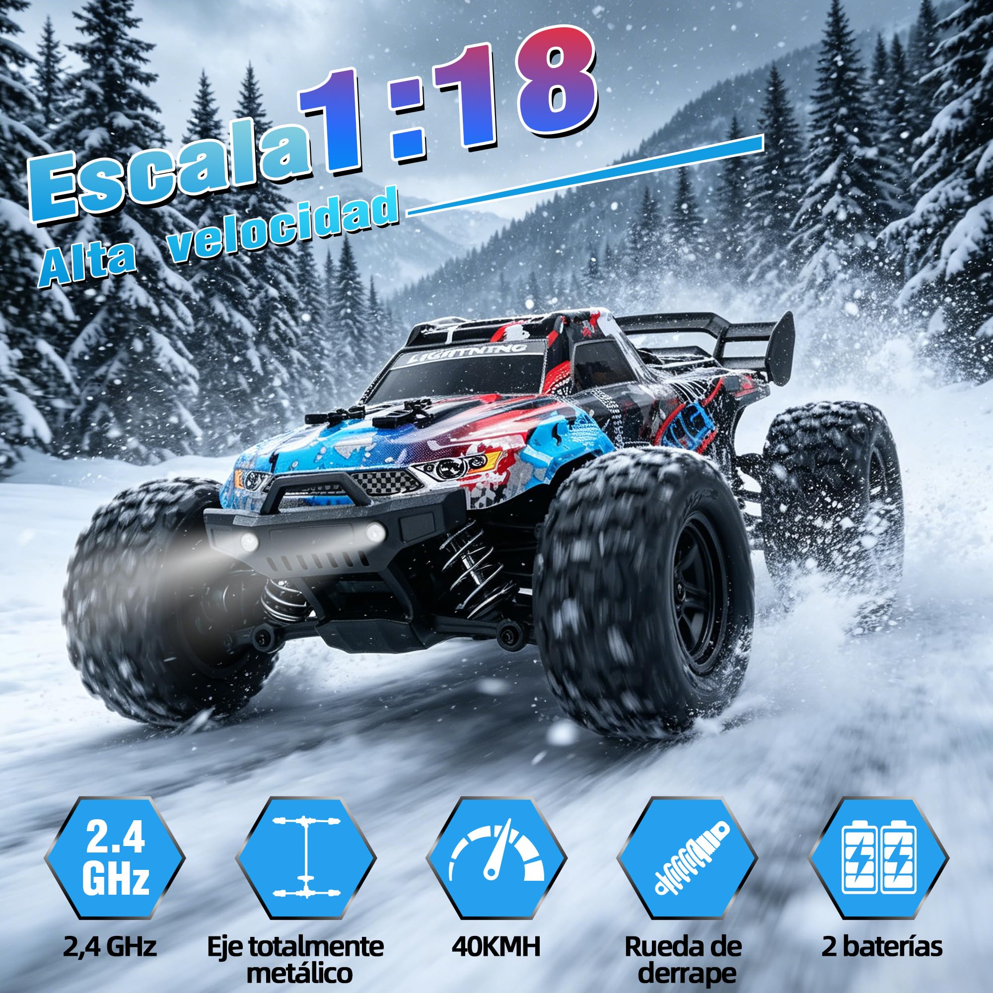 Coche teledirigido - 1:18 4WD Rc Auto 40KMH de alta velocidad 2,4 GHz Camión todoterreno con amortiguadores de metal y engranajes de metal con dos baterías para adultos y niños – Azul