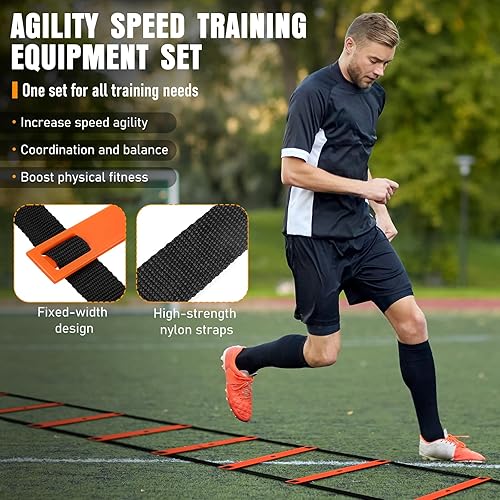 Miniatura 3 de Agility Ladder, Speed Training Equipment Set, 20ft Agility Ladder, 12 Soccer Cones, 4 Hurdles, Jump Rope, Running Parachute, Basketball Football