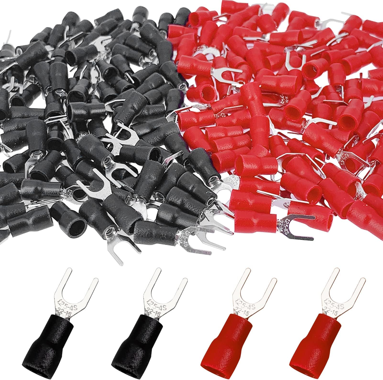 200 Pcs 22-16 AWG #8 Black & Red Insulated Brass Fork Wire Connector U Type Electrical Crimp Spade Terminals (100 Red + 100 Black)
