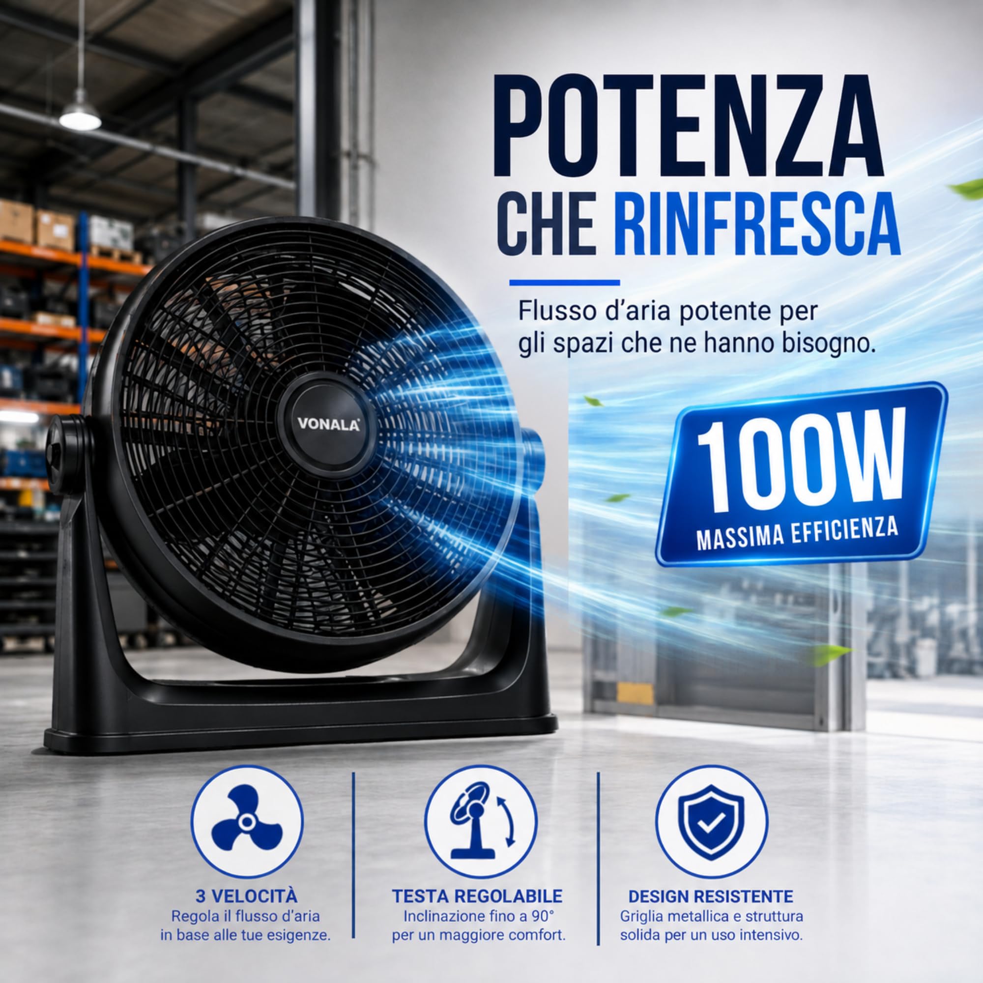 Vonala Ventilatore da pavimento e parete industriale, 100 W, potente 50 cm, silenzioso, ABS, antivibrazione, per esterni e interni, nero, potenti e silenziosi