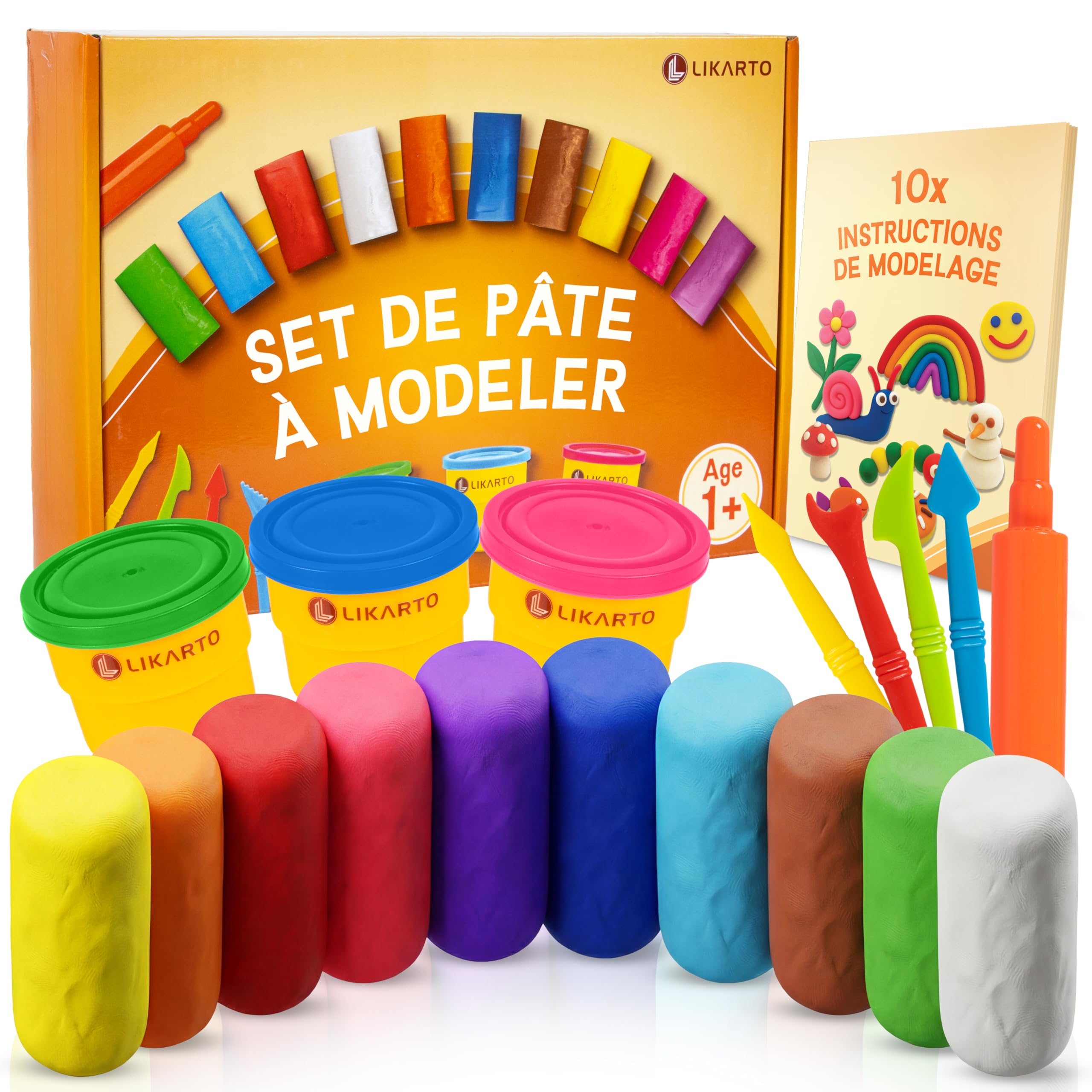 LIKARTO Set de pâte à Modeler végane dès 1 an, 10 Couleurs, 5 Outils | 10 instructions de modelage, pots refermables, extra-douce, développe la motricité fine