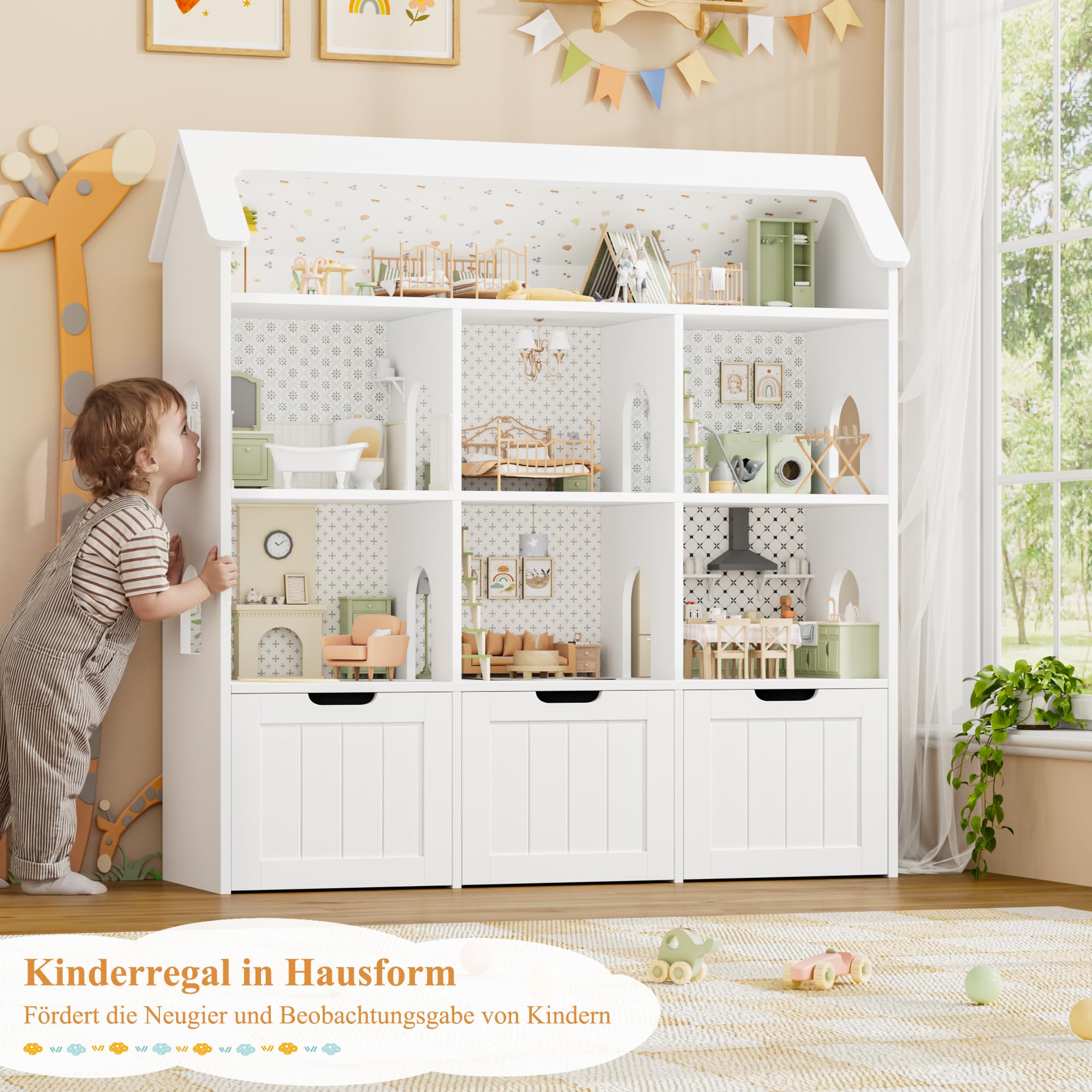 FOREHILL Kinderregal in Hausform, Bücherregal Kinder, Kinderzimmer Möbel | Kinderregal mit 3 Boxen auf Rollen, Kinderschrank Puppenhaus, Regal für Kinderzimmer, Kindergarten, 120x117,5x30cm