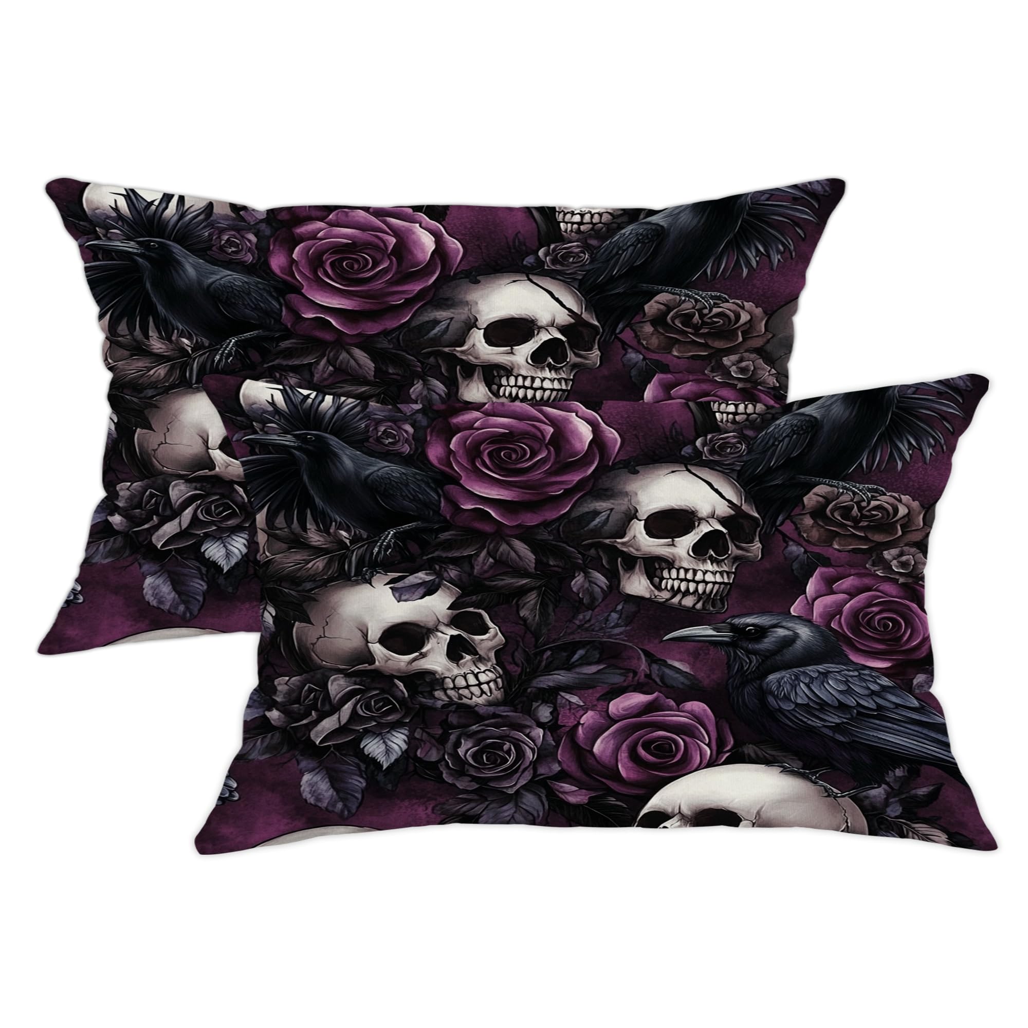 Gothic Pillow Covers Set of 2, Dark Violet Skull and Raven Throw Pillows Case, Halloween Decorative Square Cushion Covers for Home Sofa Bed Couch 12x20 Inch