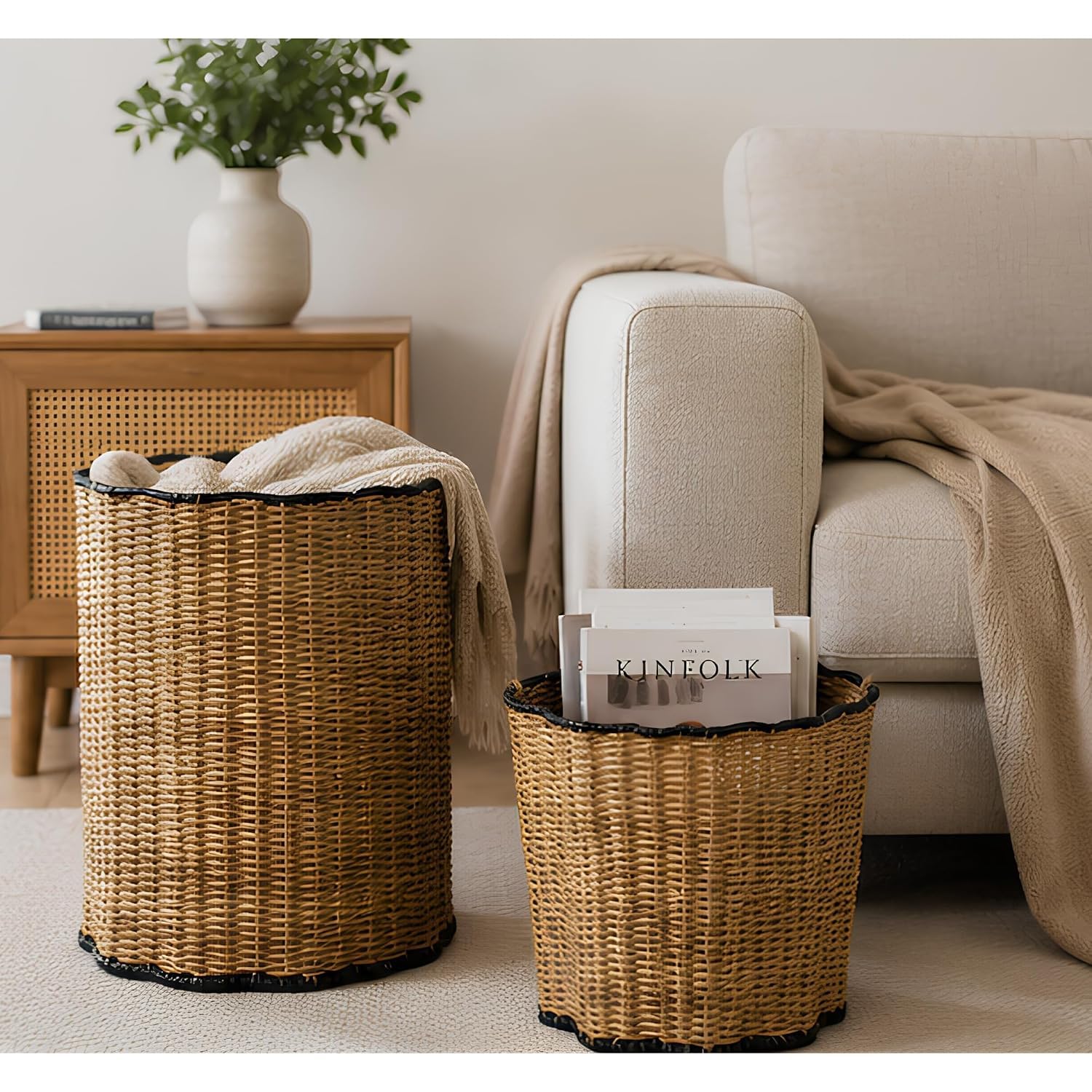 TS Decor Laundry Basket With Lid | Toy Storage Basket | Jute Baskets for Clothes | Laundry Multistorage Basket Set (Set of 2 (28cm X 32cm & 35cm X 40cm), Scallop Weave)-image-48