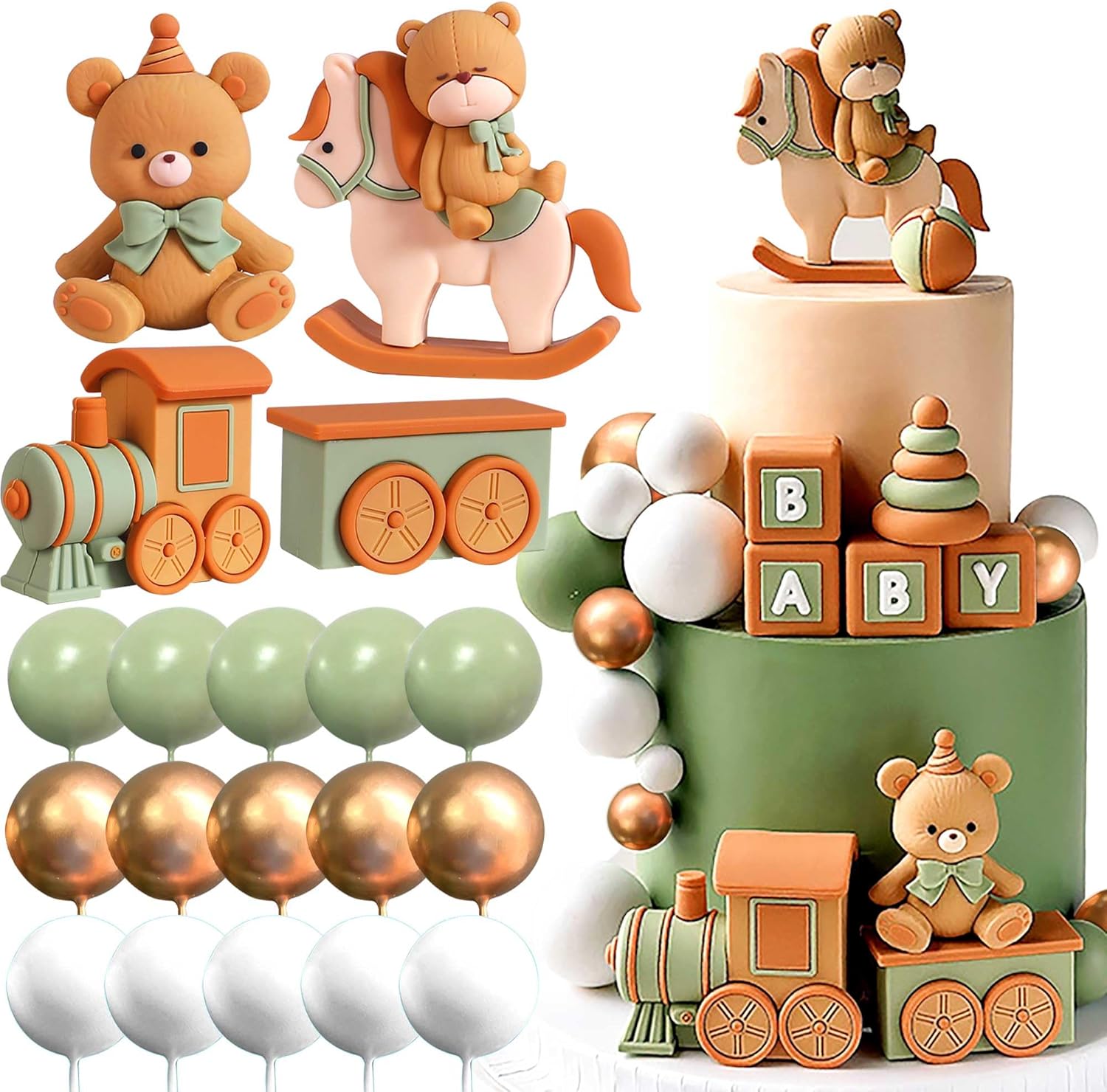 JeVenis Sage Green Bear Cake Decoration Baby Bear Natural Baby Shower Cake Topper Bears Train Cake Decoration Baby Shower Birthday Cake Decoration