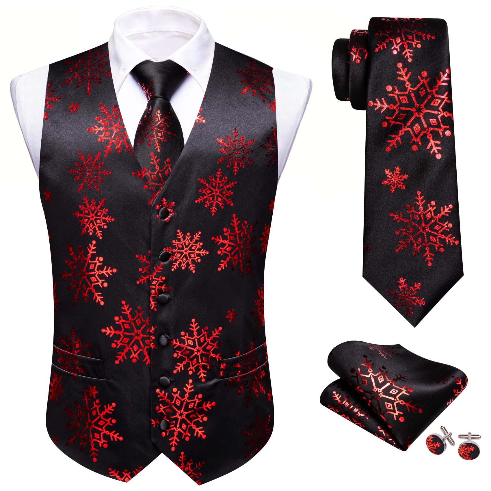 Barry.Wang Men Christmas Vest Black Red Xmas Snowflake Holiday Suit Waistcoat Tie Set New Year Festival Party