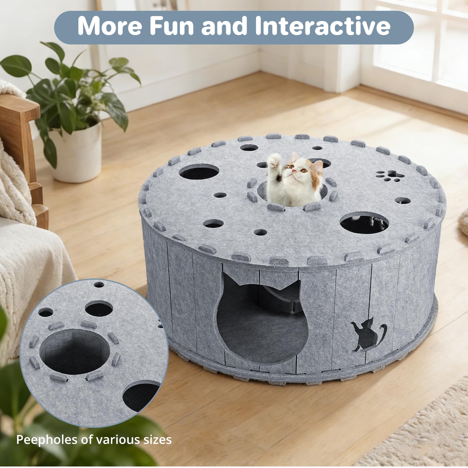 Túnel para Gatos, Cueva para Gatos de Interior, Juguete de Fieltro Suave para Gatos con Agujero Interactivo, túnel de Fieltro para hogares de Varios Gatos, Gris - 5