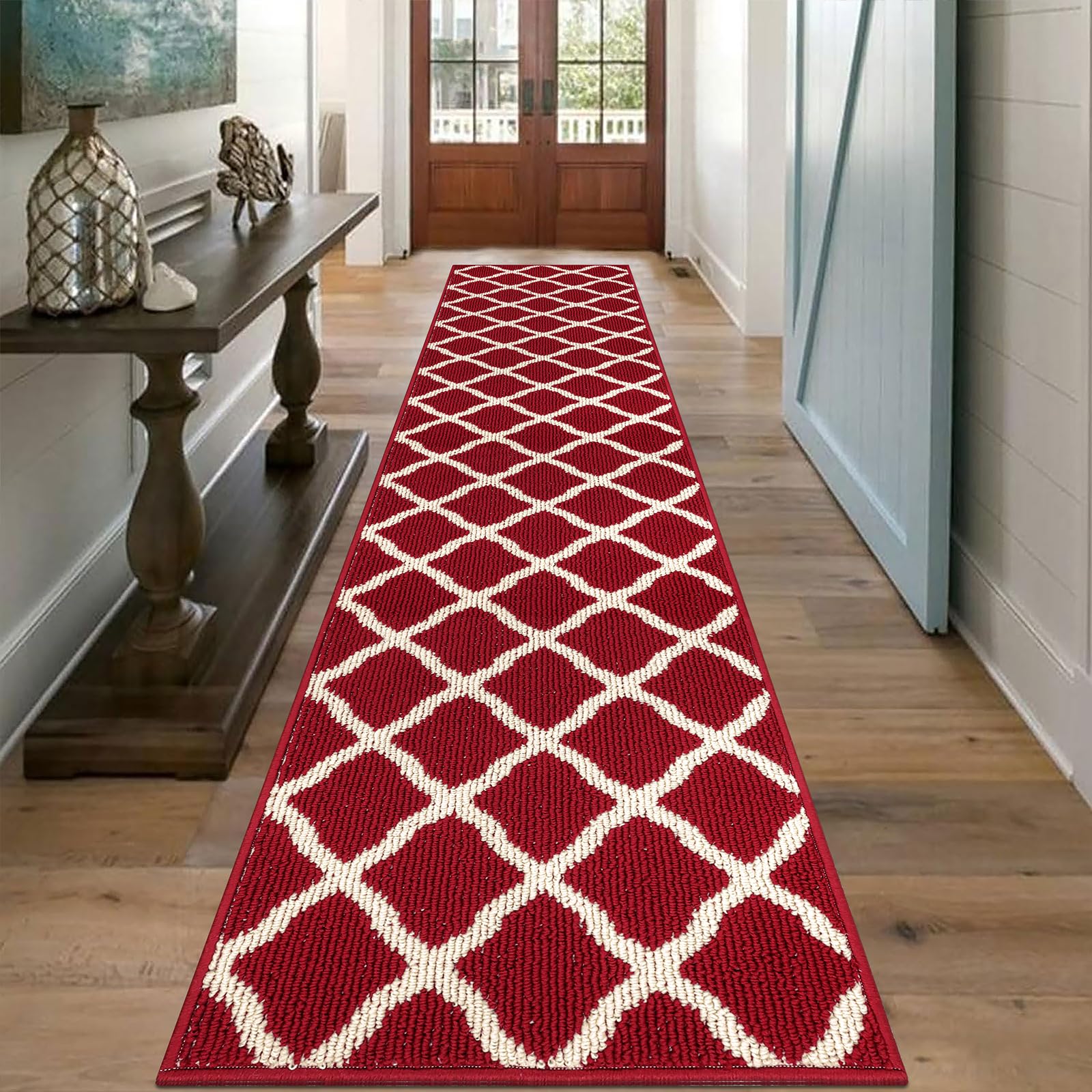SHACOS Polypropylene Loops Runner Rug 2x10 ft Non Slip Washable Rug Runners for Hallway Kitchen Entryway Trellis Carpet Runners, Red