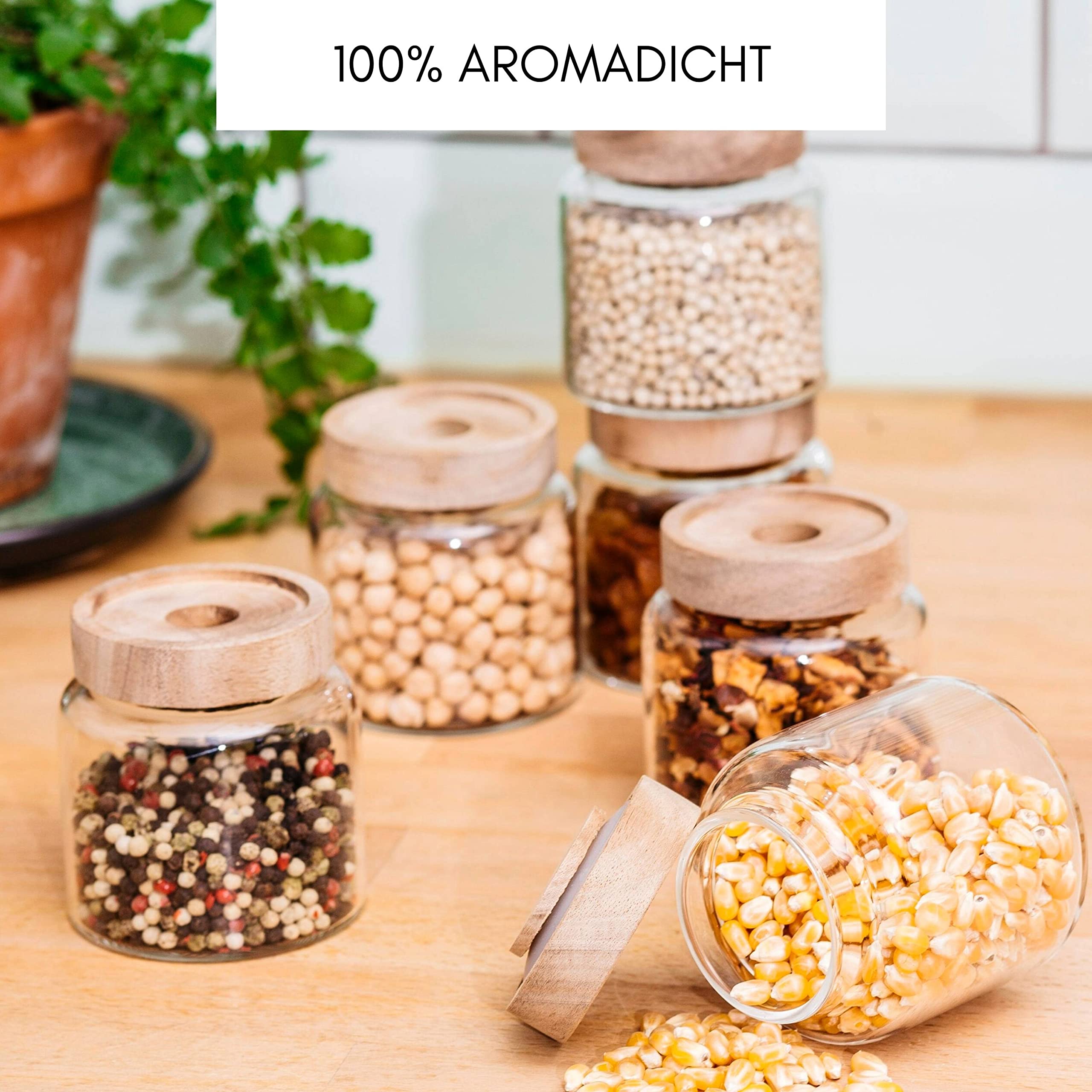 Econovo® Tarros de almacenamiento con tapa (6 piezas) 170 ml, tarros de cristal con tapa de madera, herméticos, recipientes de almacenamiento para alimentos, grandes y pequeños