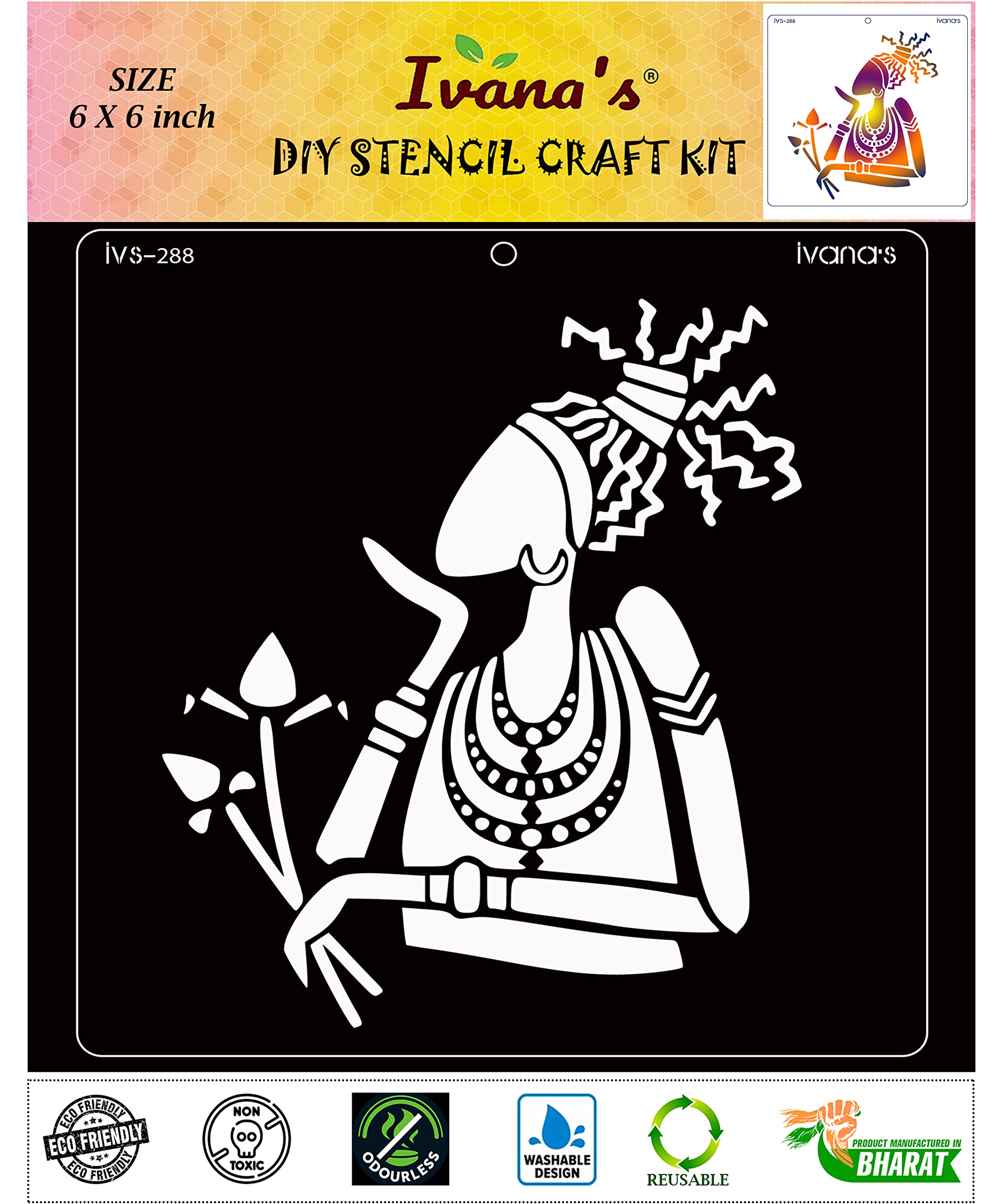 Ivana's Tribal Art Reusable Stencil for Art & Craft, DIY Decorative Stencil for Painting on Canvas, Fabric, Cloth, Paper, Glass, Furniture and Wall, Size - 6 x 6 inch, Pack of 1, IVS-288