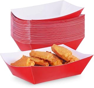 50 Pcs No Folding Required 2lb Paper Food Trays Boat Disposable Nacho Trays Paper Boat for Nachos, Hotdogs, Tacos, Fries (Red)