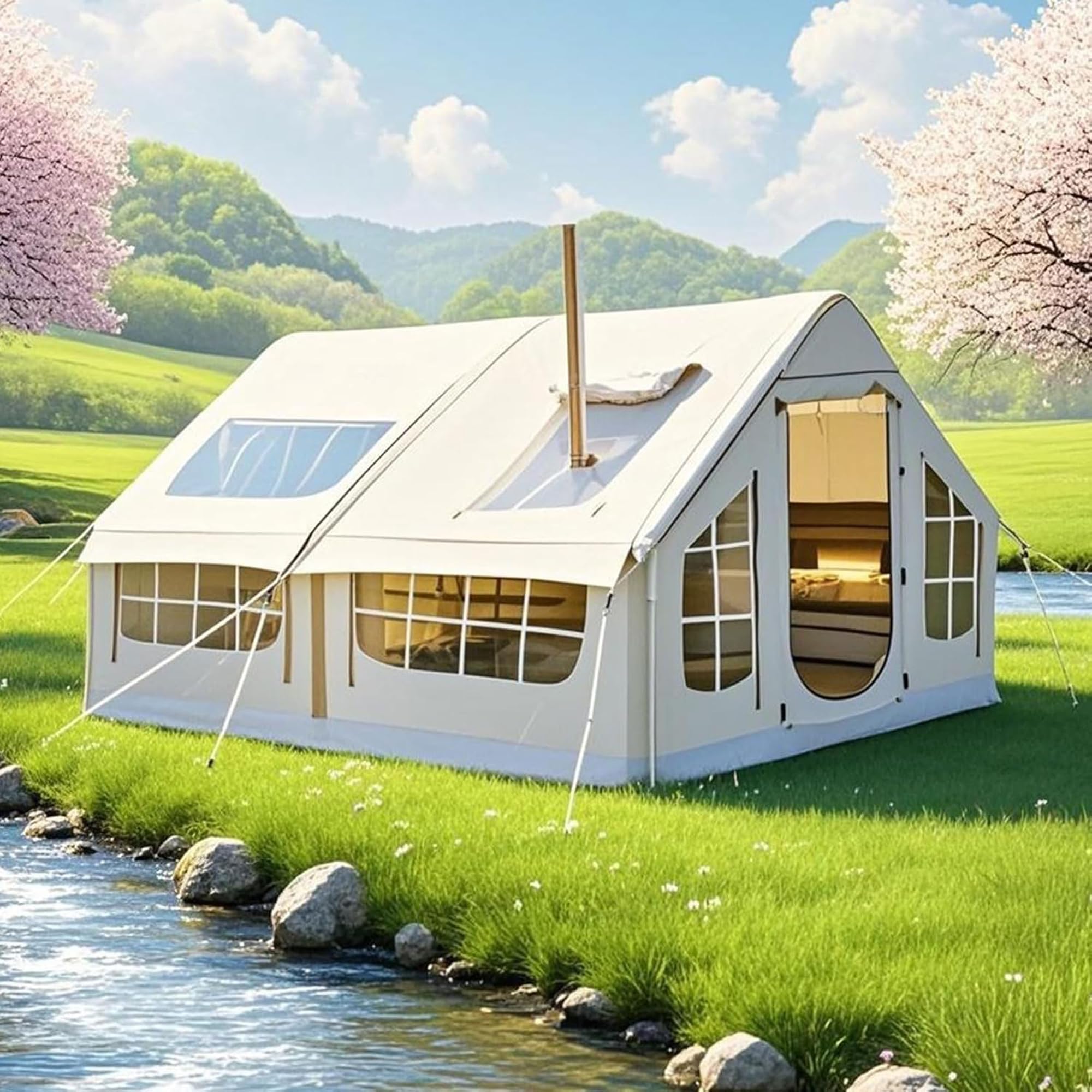 Aufblasbares Zelt, Zelt Aufblasbar mit Ofenloch & Luftpumpe, 4-Saison Luftzelt für Camping 6-8 Personen, Familienzelt Gampingzelt Glampingzelt Großes Zelte Haus Schnellaufbau