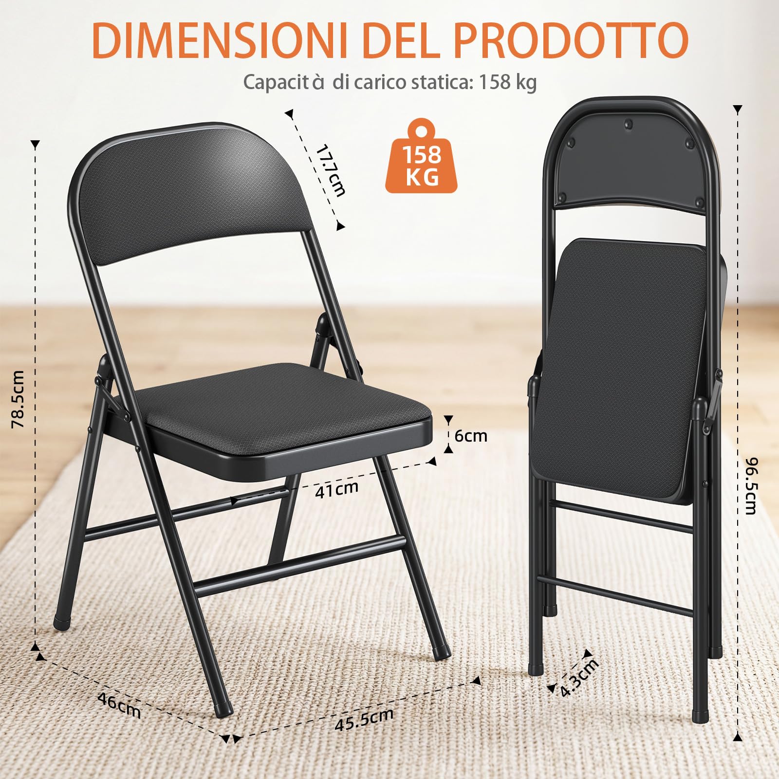Sedie Pieghevoli set da 6, Sedia Pieghevole in Tessuto con Telaio in Acciaio Rinforzato, Sedia Pieghevole Comoda per Cucina, Sala da Pranzo, Campeggio, Balcone e Giardino, Sedie Impilabili Nero