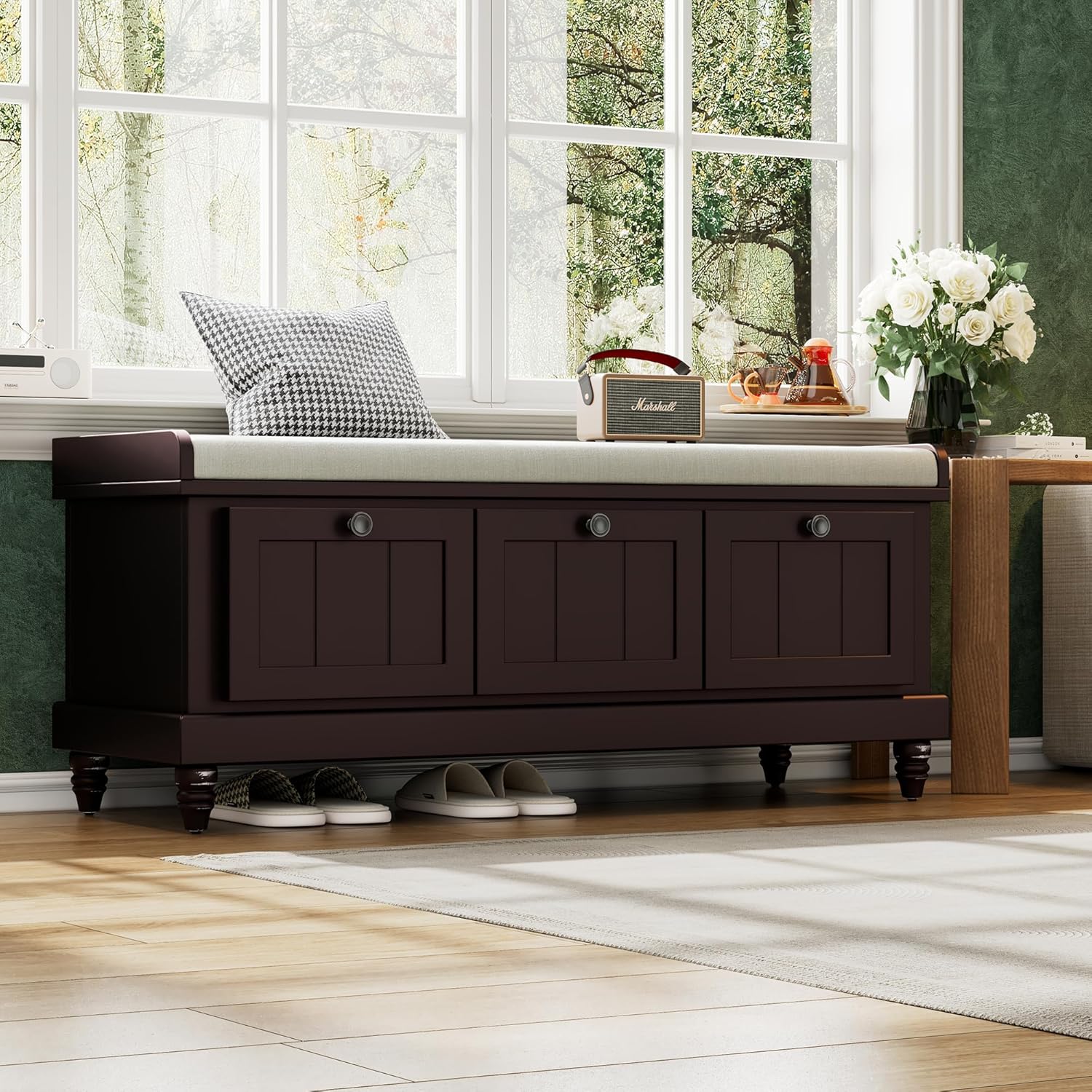 P PURLOVE Farmhouse Storage Bench with 3 Drawers and Hidden Storage on Top,Wood Entryway Shoe Bench with Cushioned Seat for Entryway and Living Room