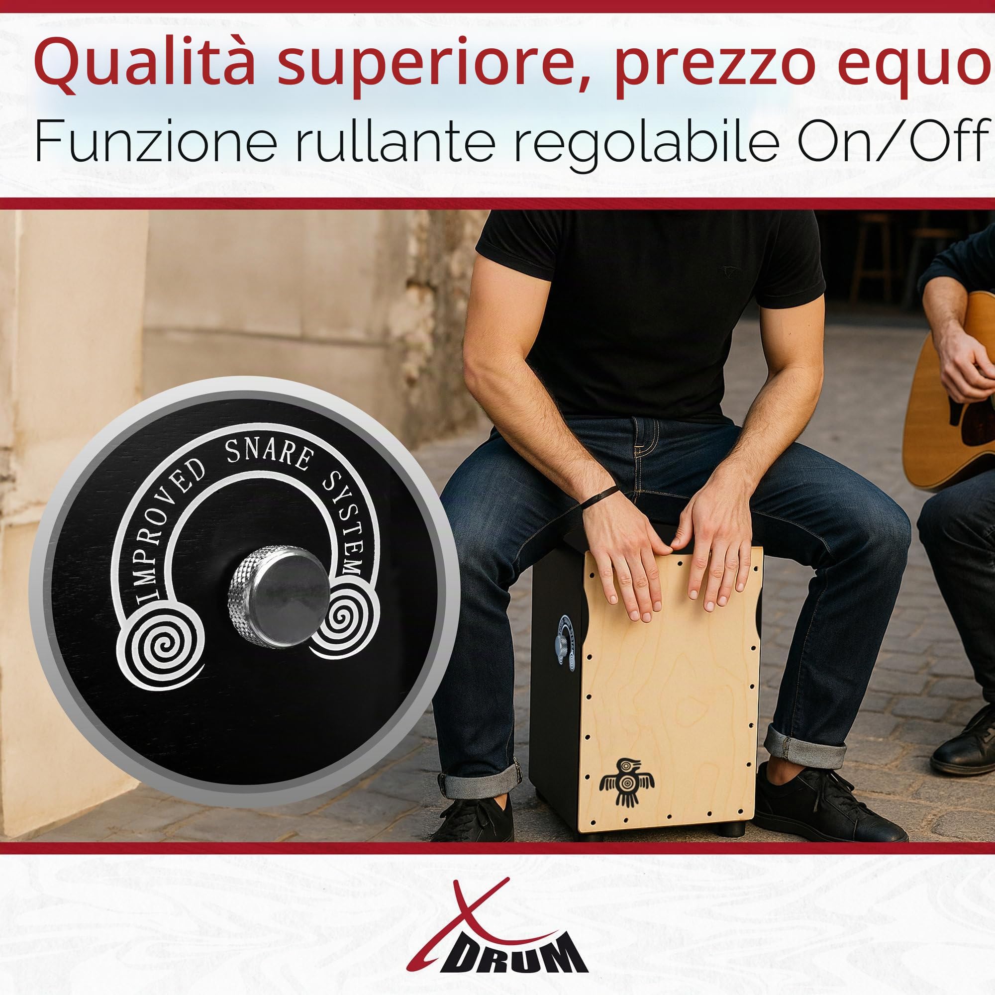 XDrum Pro Cajon Peruana Ash, Pelle da 3 mm in frassino, 5 cm, Peso: ca. 5 | Pelle da 3 mm in betulla, Cassa in betulla da 9 mm (7 strati), Pelli completamente avvitate, Clap corners regolabili, 5 cm