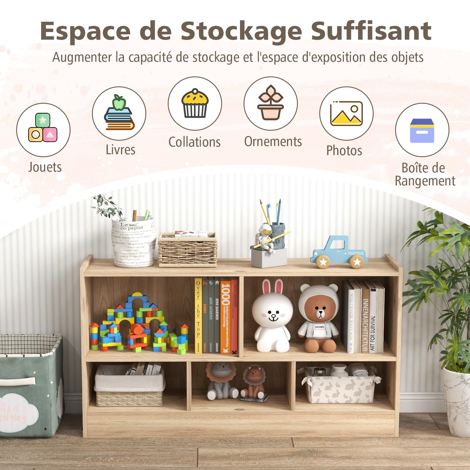 GOPLUS Bibliothèque 5/8 Cubes Ouvertes, Meuble de Rangement Bibliothèque Enfant Salon pour Livres et Jouets,111 x 30 x 61,5CM, Naturel