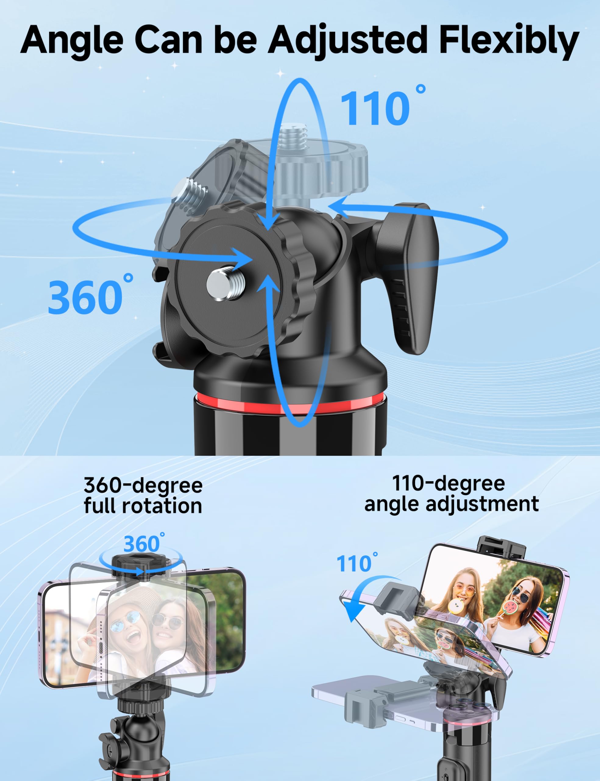 Aluminiowy statyw do selfie, statyw do selfie z pilotem i głowicą kulową 360°, rozkładany statyw do smartfona 4 w 1 z zimną stopką, lekki statyw podróżny kompatybilny z iPhone 16/15/14/Android