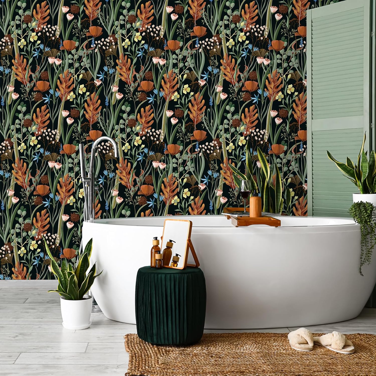 VEELIKE Black Floral Wallpaper Peel and Stick Wild Dried Floral Contact Paper for Cabinets Drawers Walls 17.7''x354'' Removable Self Adhesive Dark Botanical Wall Paper Vinyl Roll for Bedroom Bathroom